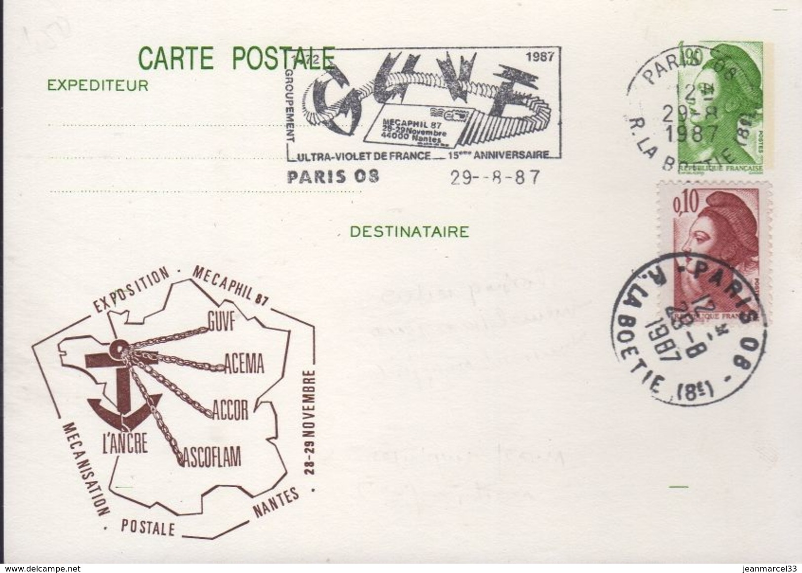 Carte Postale Entier 1,90 Vert Liberté Repiqué MECAPHIL 87 Oblitéré Flamme Tempo Paris 08 Du 29-8-87 - Postales  Transplantadas (antes 1995)