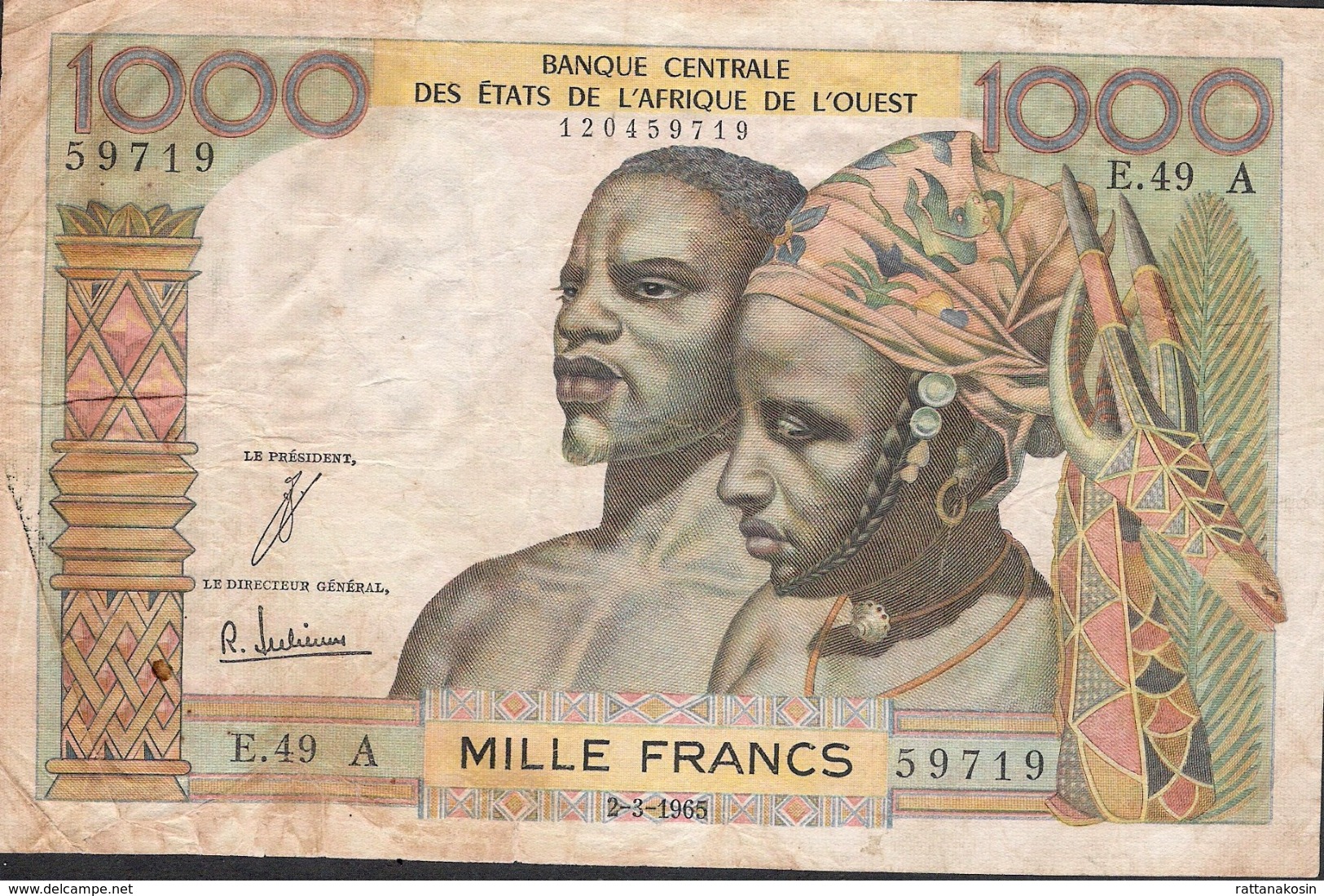 W.A.S.LETTER A IVORY COAST P103Ad 1000 FRANCS 1965 Signatures 4 F-VF NO P.h. ! - West African States