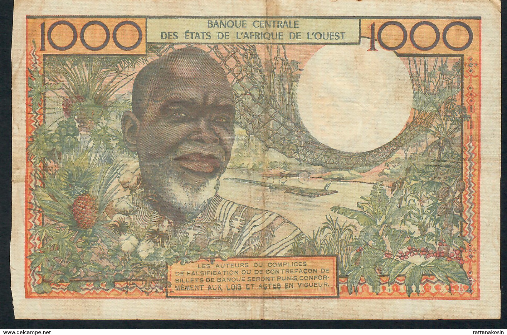 W.A.S.LETTER A IVORY COAST P103Ad 1000 FRANCS 1965 Signatures 4 F-VF NO P.h. ! - West African States