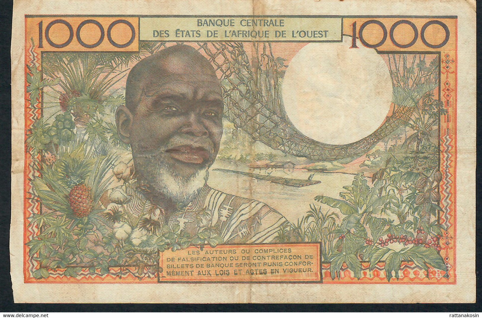 W.A.S.LETTER A IVORY COAST P103Ad 1000 FRANCS 1965 Signatures 4 F-VF NO P.h. ! - États D'Afrique De L'Ouest