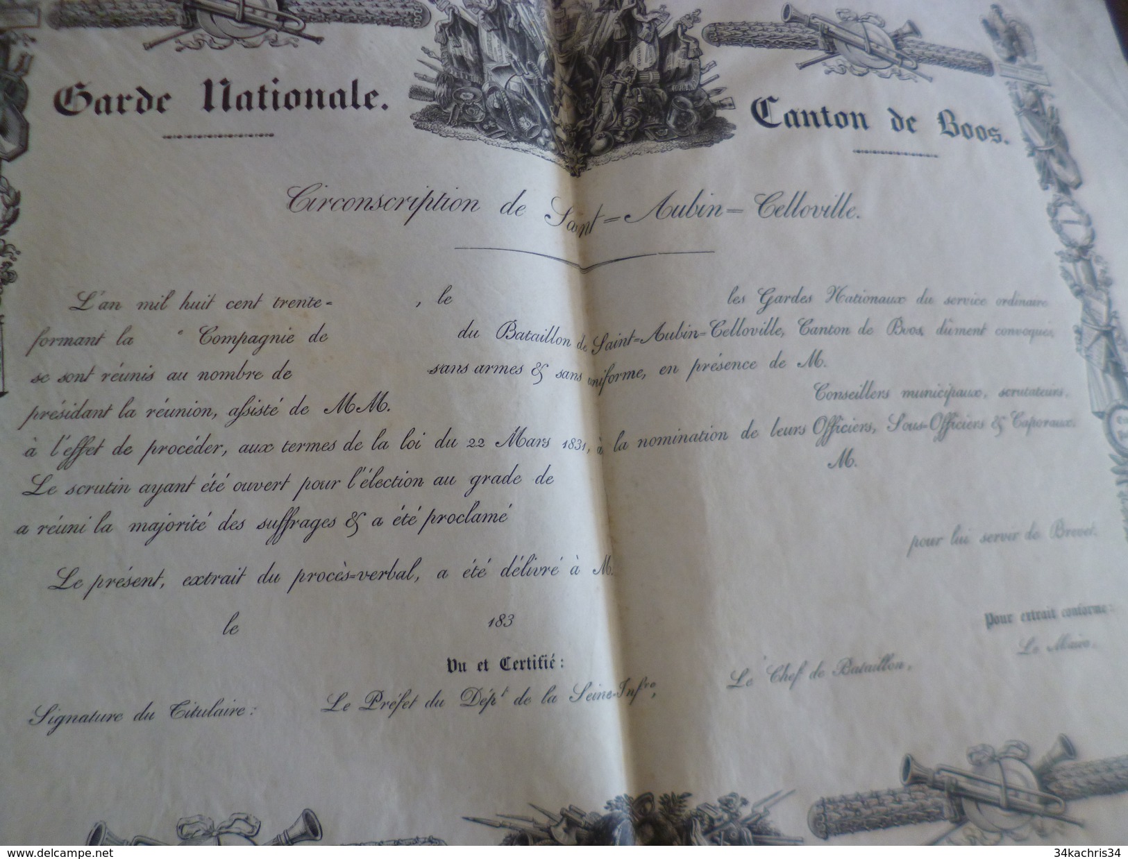 Sur Velin Rare Diplôme Vierge Illustré Garde Nationale Canton De Boos Vers 1830 France Seine Maritime  41,7 X 28.9 TBE - Diplome Und Schulzeugnisse