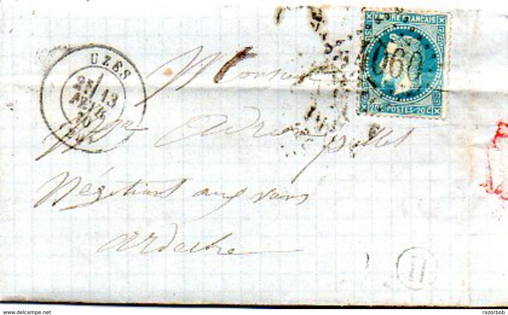 H589 LAC  Uzes  Gard 1870  GC Sur 29   Faible Boite Rurale H? - 1849-1876: Période Classique