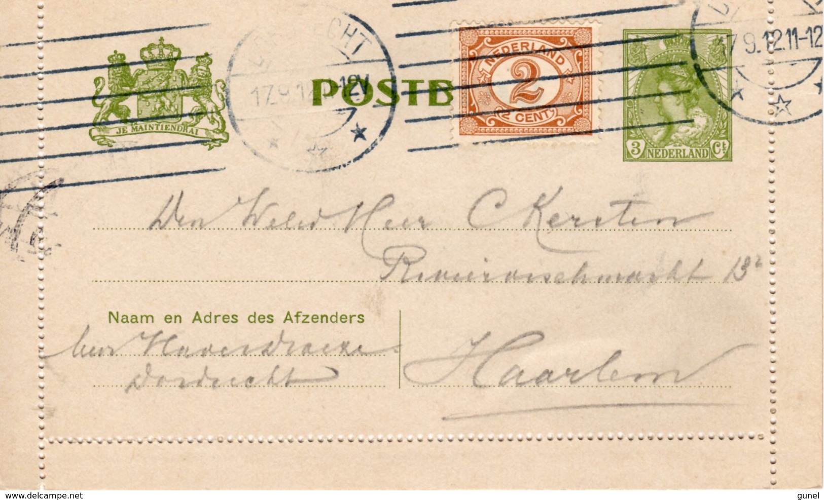 1912  Postblad G11 Met Volledige Randen Bijgefrankeerd Van Utrecht Naar Haarlem - Postal Stationery