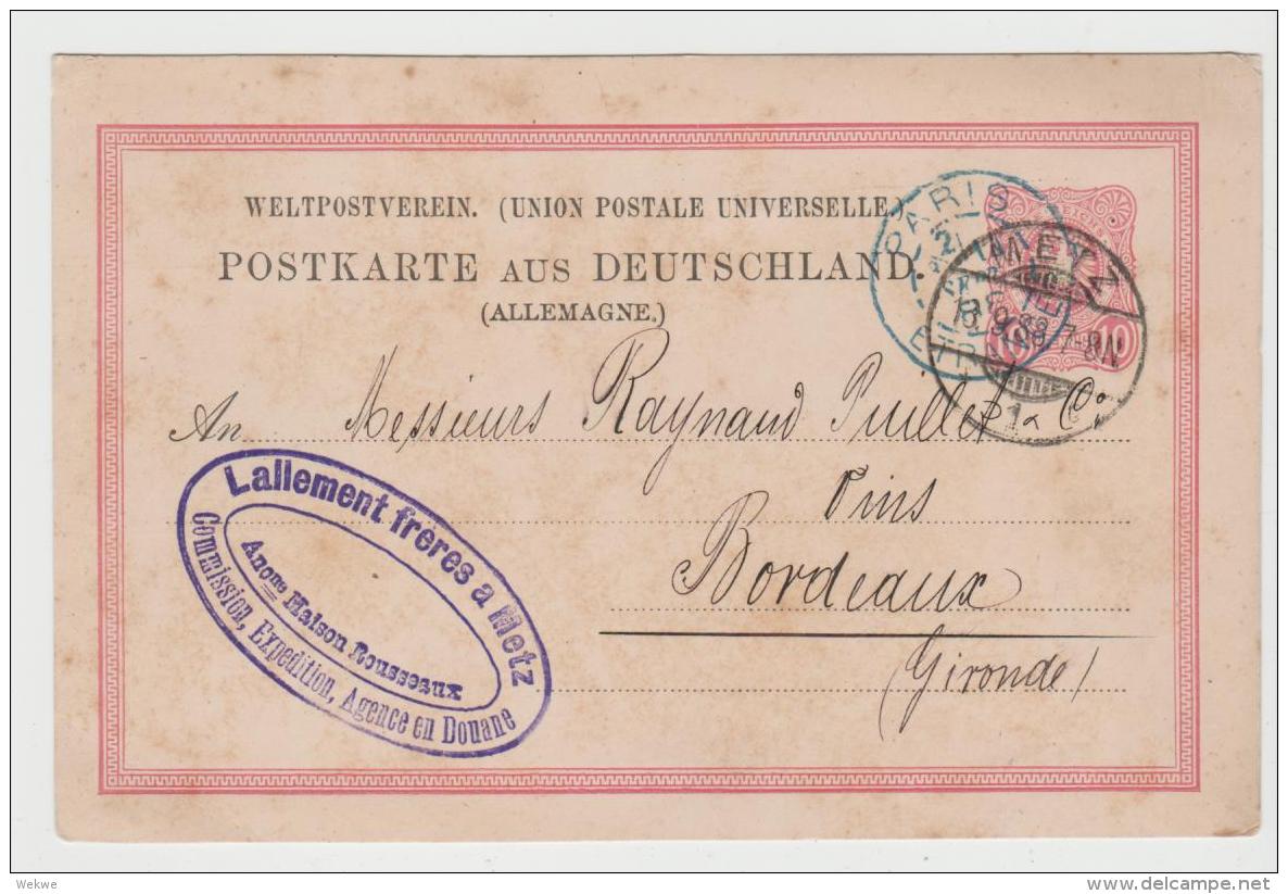 Pfg246 / Offizielle Ganzsache Mit Rückseitigem Firmenzudruck. Von Metz Nach Bordeauz 1888 - Autres & Non Classés