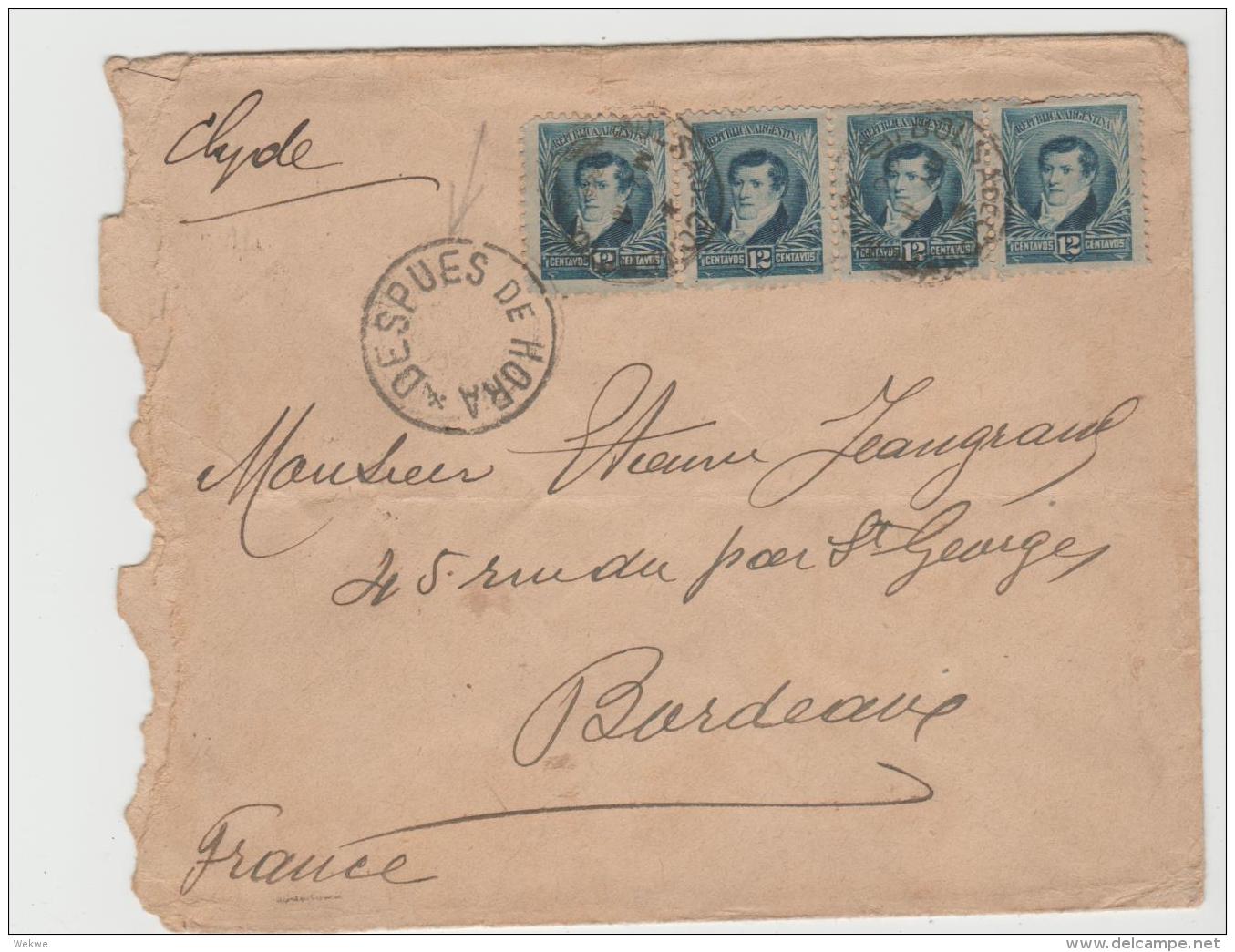 Arg005 / ARGENTINIEN -  Belgrano Im 4-er Streifen 1896 (despues De La Hora)  Nach Frankreich - Lettres & Documents