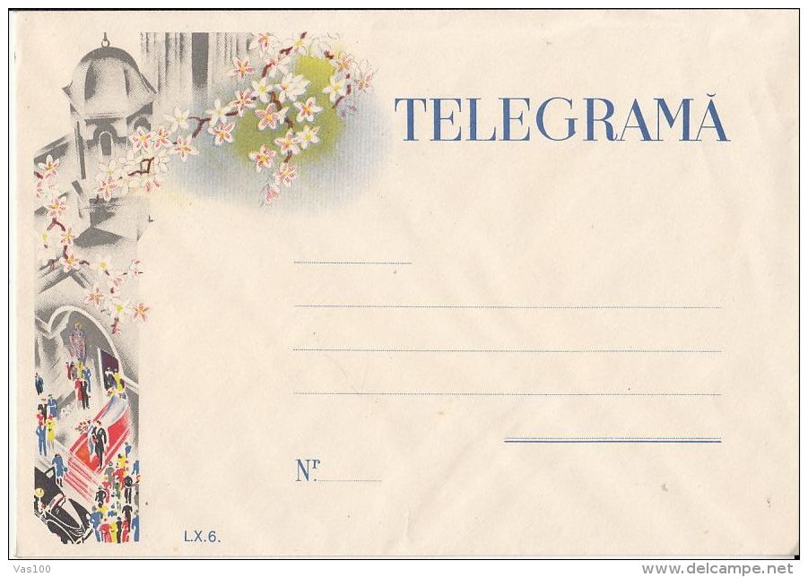 CELEBRATION, MARRIAGE, WEDDING, BRIDE AND GROOM, CHURCH, CAR, TELEGRAMME COVER, UNUSED, ROMANIA - Télégraphes
