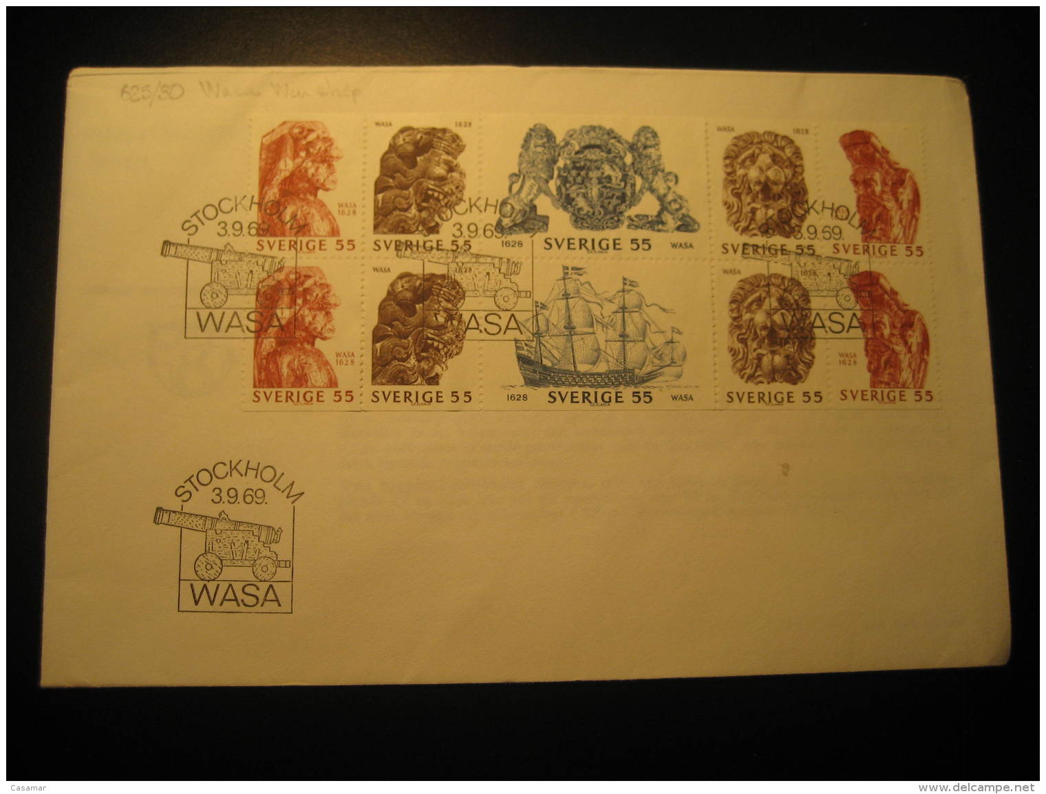 VASA WAR SHIP Artillery Yvert 625/30 Stockholm 1969 FDC Cancel Cover SWEDEN - Ships