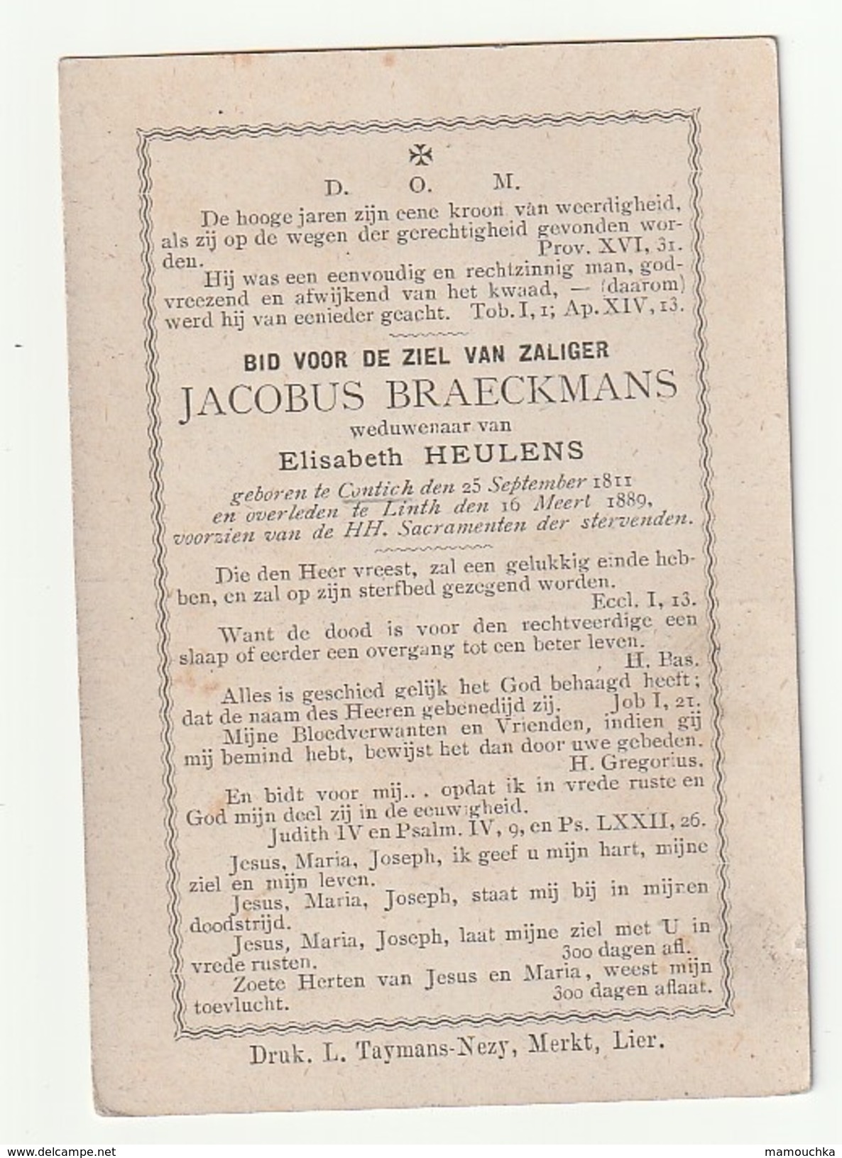 Doodsprentje Jacobus BRAECKMANS Wed. Elisabeth Heulens Contich 1811 Linth 1889 - Images Religieuses