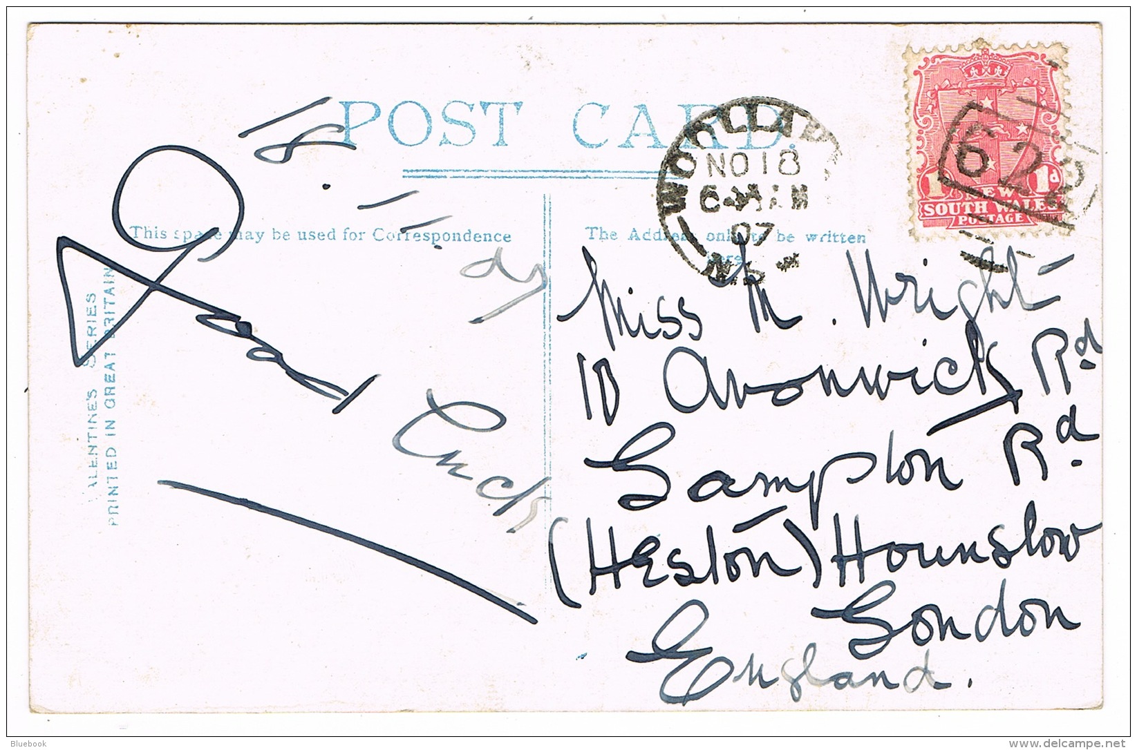 RB 1154 - 1907 Postcard King William St Adelaide - Woollahra 622 Numeral Duplex Postmark - Sydney NSW Australia - Covers & Documents