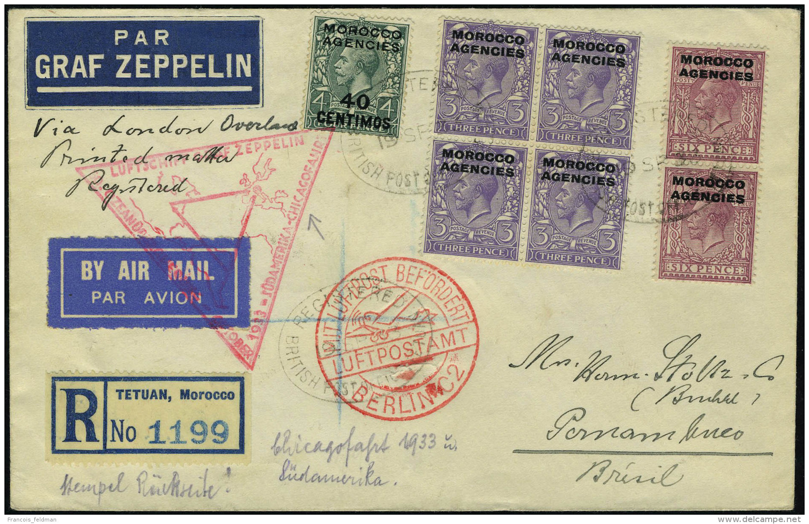 Lettre Zeppelin SAF Chicagofahrt 1933, LR De Tetuan 19 Sp 1933 Pour Pernambuco, Au Cerso Cachet Rouge... - Autres & Non Classés