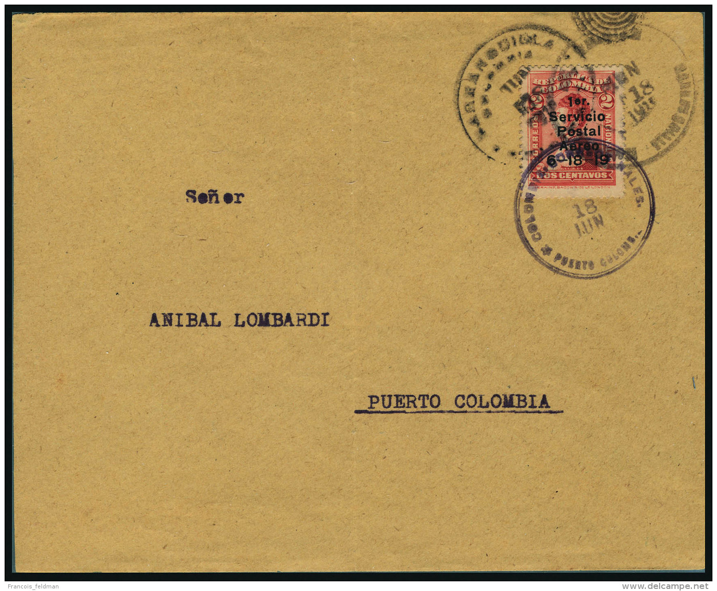 Lettre N&deg; 1, Sur L, C&agrave;d De Barranquilla De De Puerto Colombia 18 Juin 1919, Pour Puerto Colombia. T.B. - Other & Unclassified