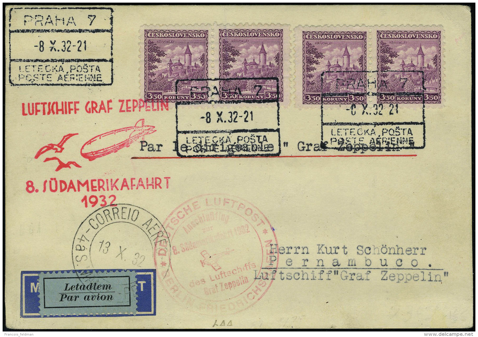 Lettre Zeppelin 8&egrave; SAF 1932 Prag 8.10.32 Pour Pernambuco, Arriv&eacute;e 13.10.32 T.B. - Autres & Non Classés