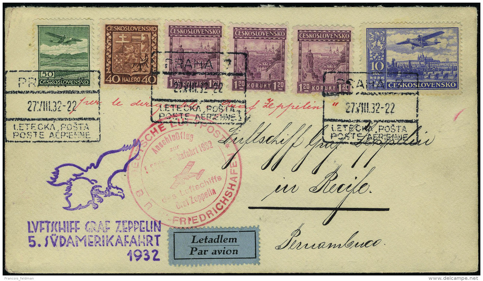 Lettre Zeppelin 5&egrave; SAF 1932 Prag 27/8/32 Pour R&eacute;cife Br&eacute;sil, Arriv&eacute;e 1.9.32, T.B. - Autres & Non Classés