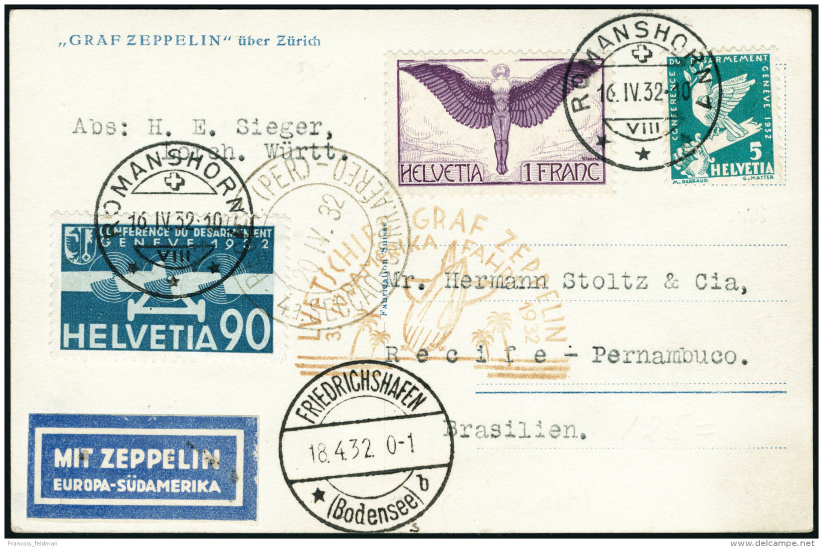 Lettre Zeppelin 3&egrave; SAF 1932. C.P. Illustr&eacute;e (Zeppelin &uuml;ber Z&uuml;rich). C&agrave;D Romanshorn... - Autres & Non Classés