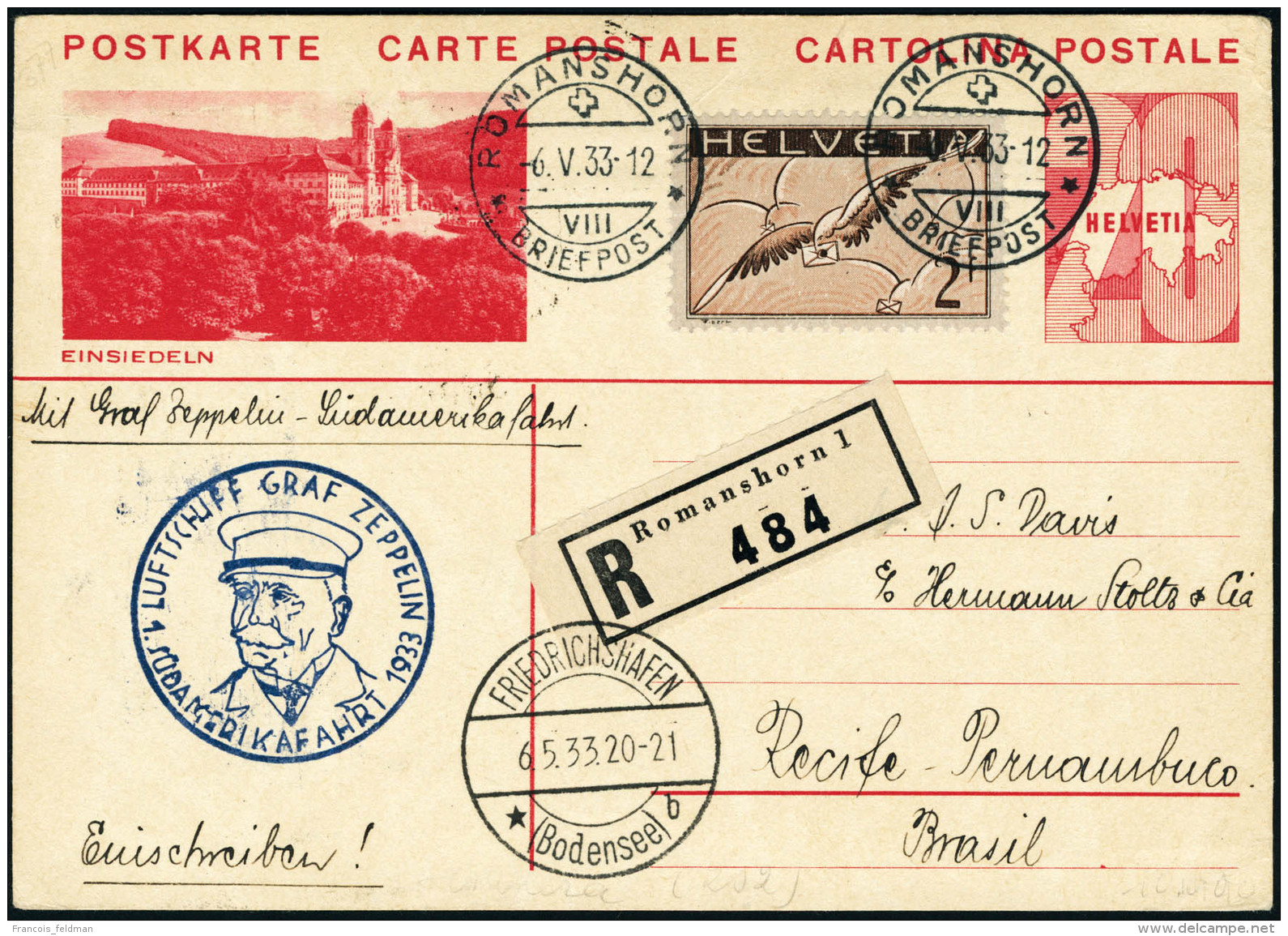 Lettre Zeppelin. 1er SAF 1933. E.P. Recommande De Romanshorn (6.V.33). C&agrave;D De Transit Friedrichshafen... - Autres & Non Classés