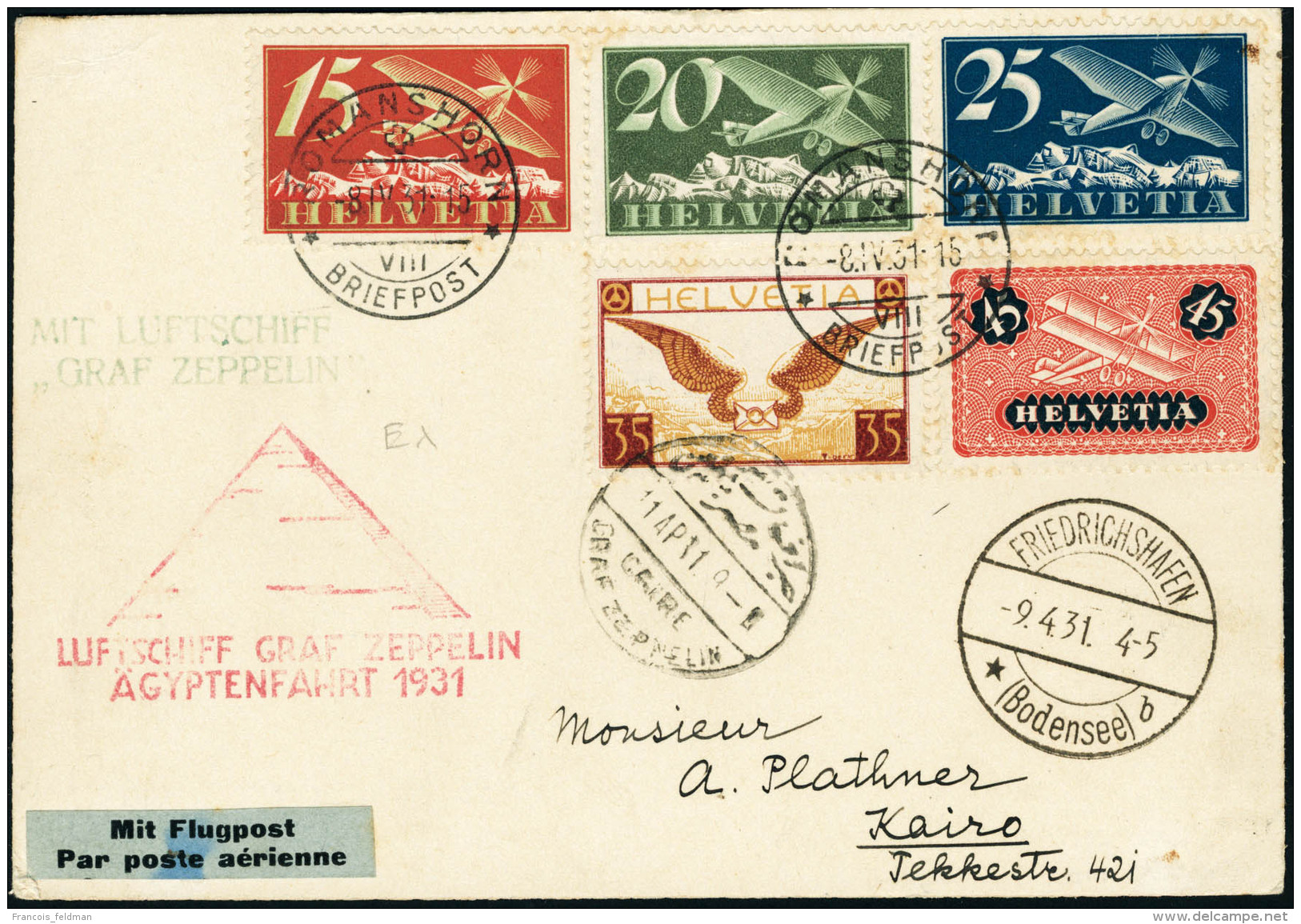 Lettre Zeppelin Luftschiff Graf Zeppelin Agyptenfahrt 1931. C&agrave;D Romanshorn 8.IV.31, Pour Le Caire.... - Autres & Non Classés