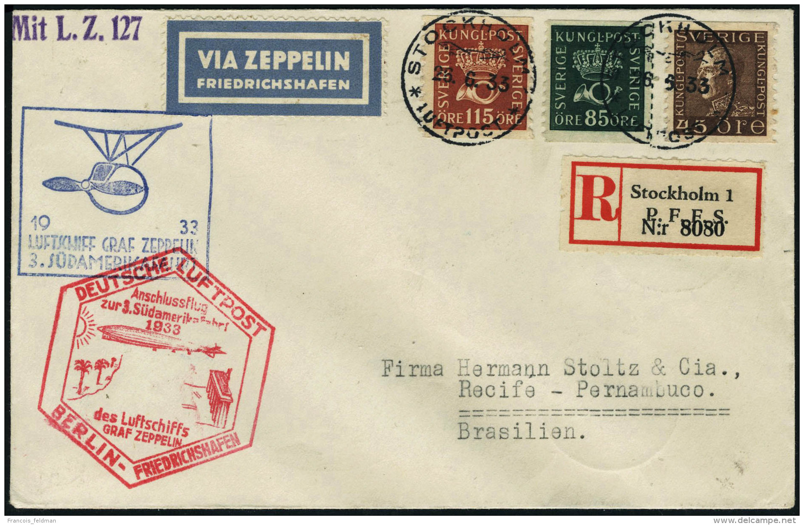 Lettre Zeppelin 3&egrave; SAF 1933, LR De Stockholm 26.6.33, Cachet Illustr&eacute; Berlin-Friedrichshafen, Au... - Autres & Non Classés