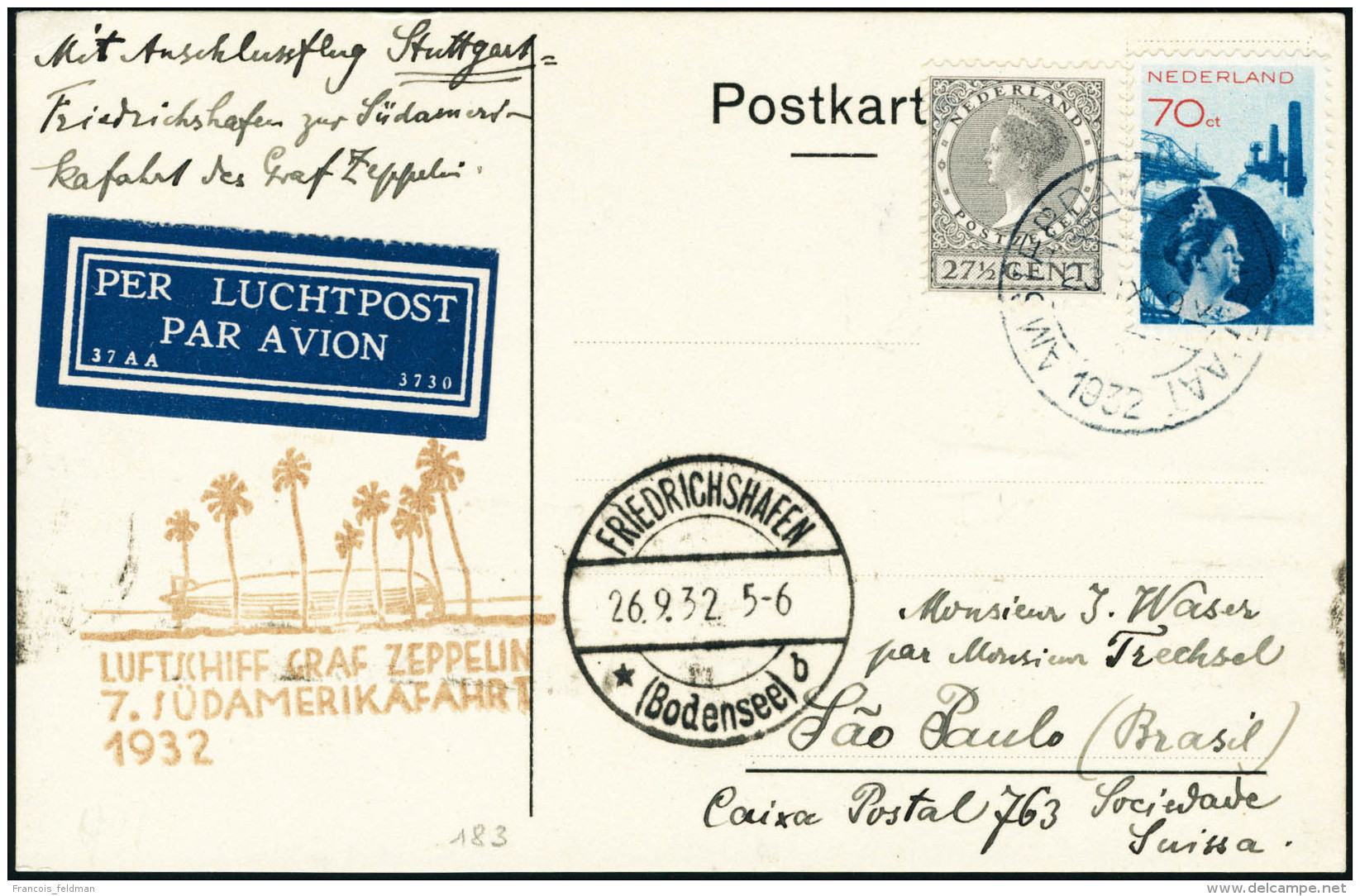 Lettre Zeppelin 7&egrave; SAF 1932. C.P. Non Illustr&eacute;e. C&agrave;D Amsterdam 23.IX.1932, Pour Sao-Paulo.... - Autres & Non Classés