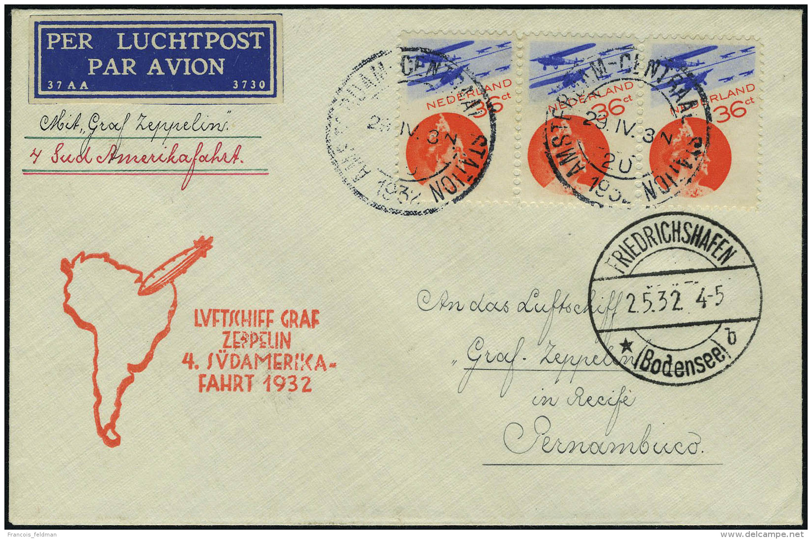 Lettre N&deg; 9, X 3ex Sur L C&agrave;d Amsterdam 29.IV.32 Zeppelin 4&egrave; SAF 1932 Pour Pernambuco, C&agrave;d... - Autres & Non Classés