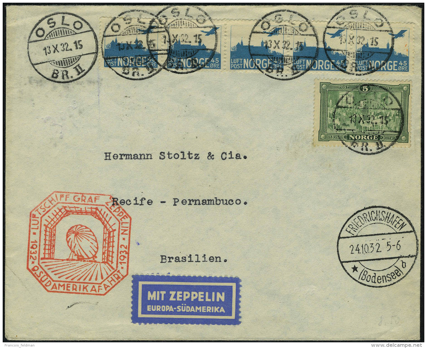 Lettre Zeppelin 9&egrave; SAF 1932 Pour R&eacute;cife Pernambuco, C&agrave;d De Transit Friedrichshafen 24.10.32 Et... - Autres & Non Classés