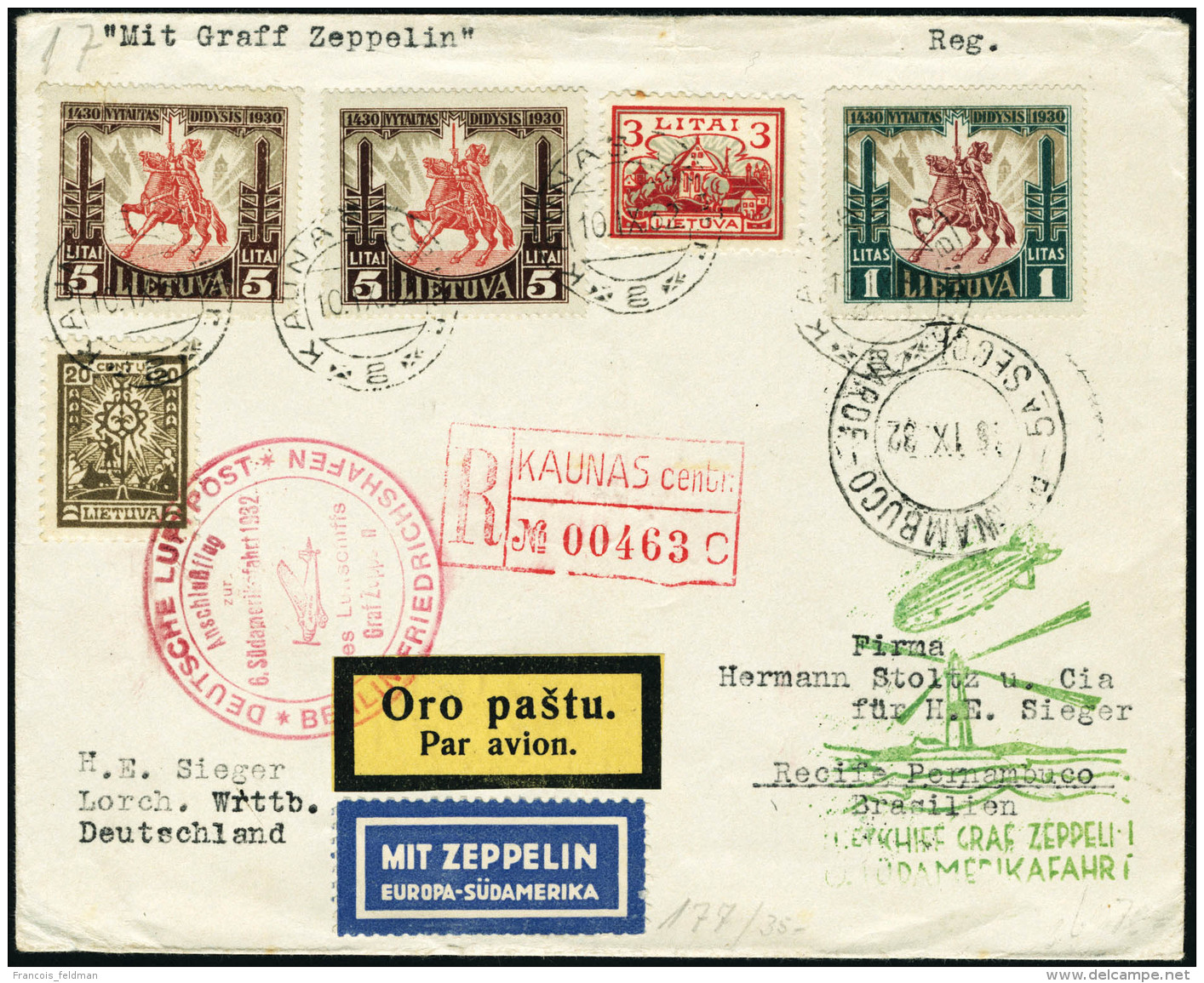 Lettre ZEPPELIN 6&egrave;me S.A.F. 1932. L.R. De Kaunas (10.IX.32), Pour Recife-Pernambuco. Au Verso C&agrave;D De... - Autres & Non Classés