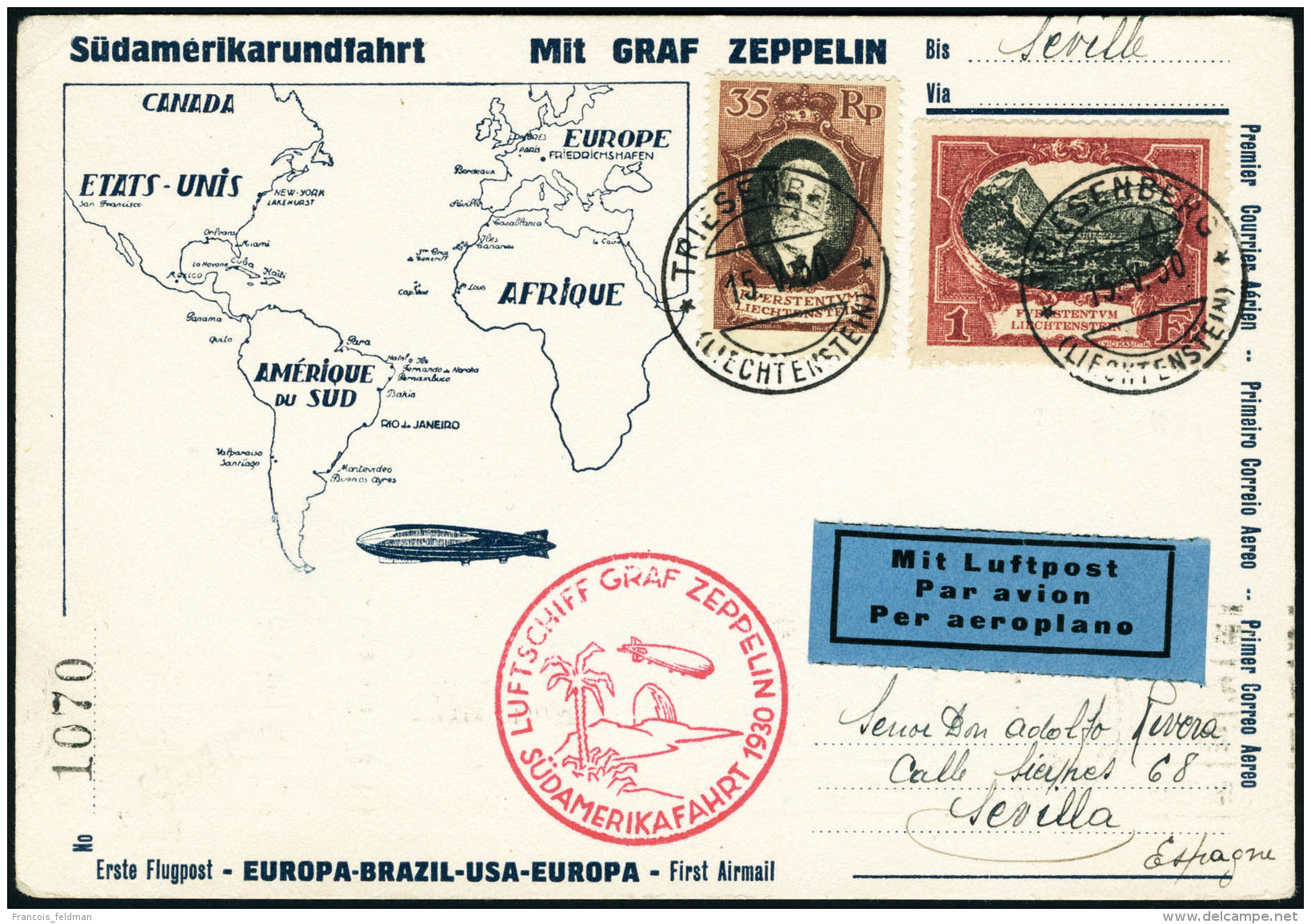 Lettre Zeppelin SAF 1930. C.P. Illustr&eacute;e SAF C&agrave;D Triesenberg 15.V.30, Pour S&eacute;ville (Espagne).... - Autres & Non Classés