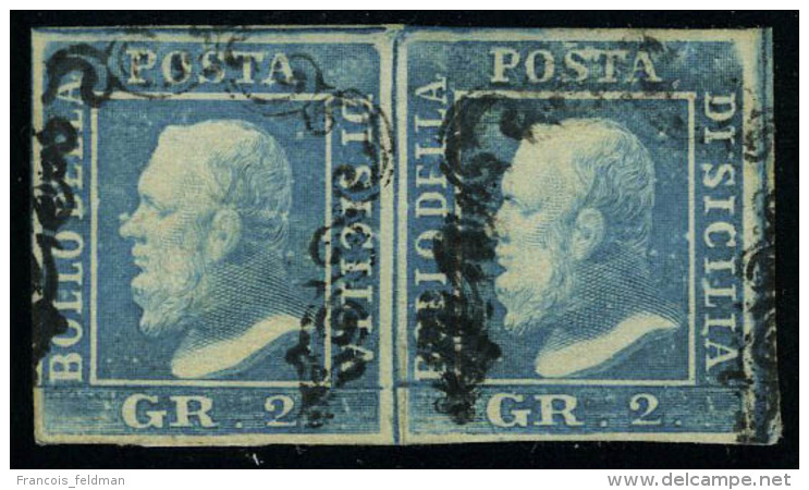 Oblit&eacute;r&eacute; N&deg; 20, 2gr Bleu, Paire Hor., Planche II, Position 64-65, Sassone 7, Sign&eacute;... - Altri & Non Classificati