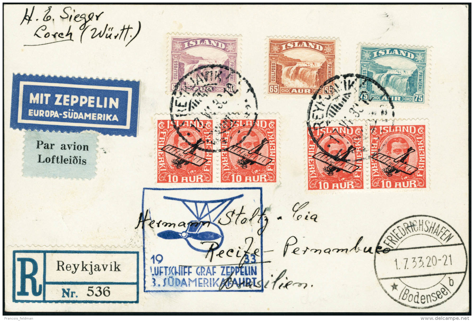 Lettre Zeppelin 3&egrave; SAF 1933. L.R. De Reykjavik (17.VI.33), Pour R&eacute;cife. C&agrave;D De Transit... - Autres & Non Classés
