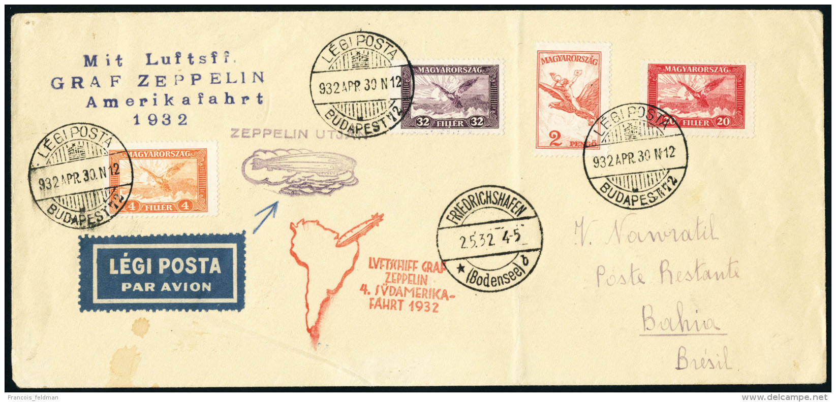 Lettre N&deg;12, 15, 16 Et 22 Sur Lettre. C&agrave;D Budapest 932 App. 30. Zeppelin 4&egrave; SAF 1932, Pour Bahia... - Other & Unclassified