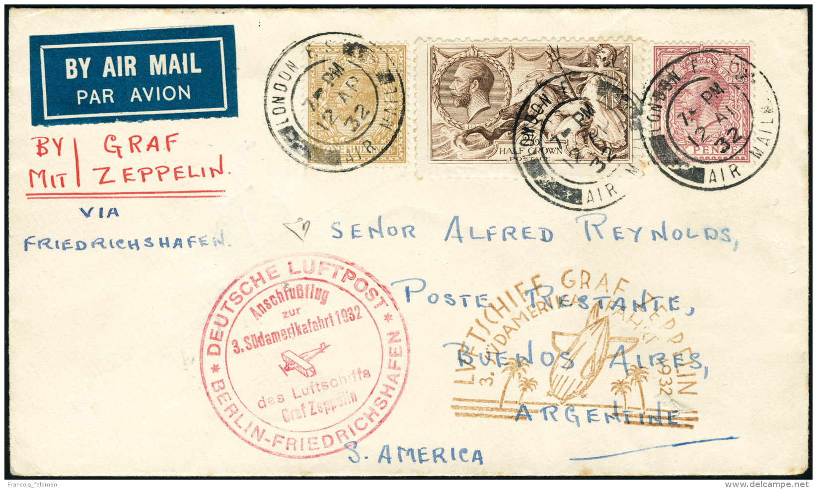 Lettre Zeppelin 3. SAF 1932. Lettre C&agrave;D London 12 AP 1932, Pour Buenos-Aires. C&agrave;D Illustr&eacute; De... - Autres & Non Classés