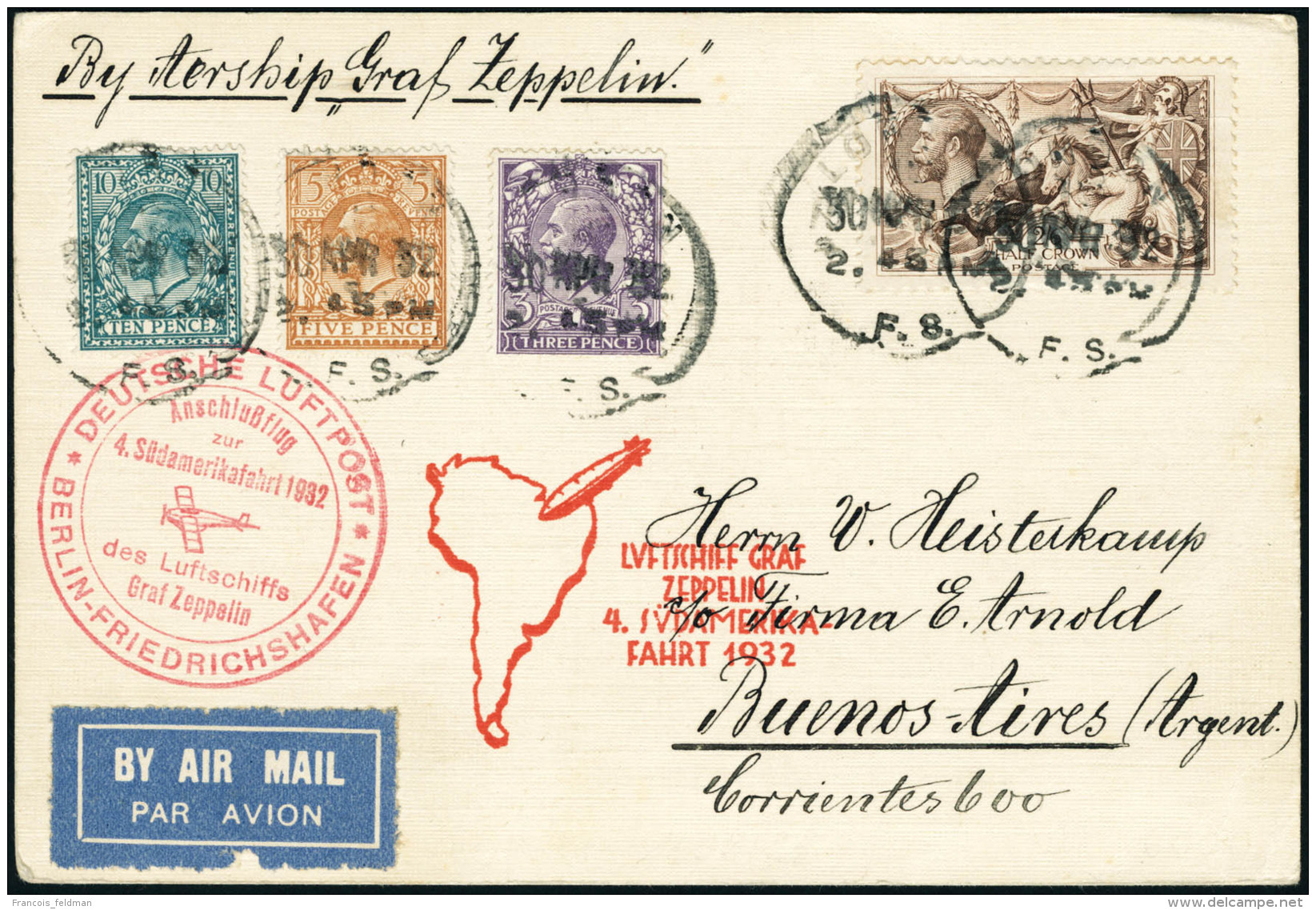 Lettre Zeppelin 4&egrave; SAF 1932. C.P. Avec C&agrave;D 30 Apr 32, Pour Buenos-Aires. Cachet Illustr&eacute;... - Autres & Non Classés