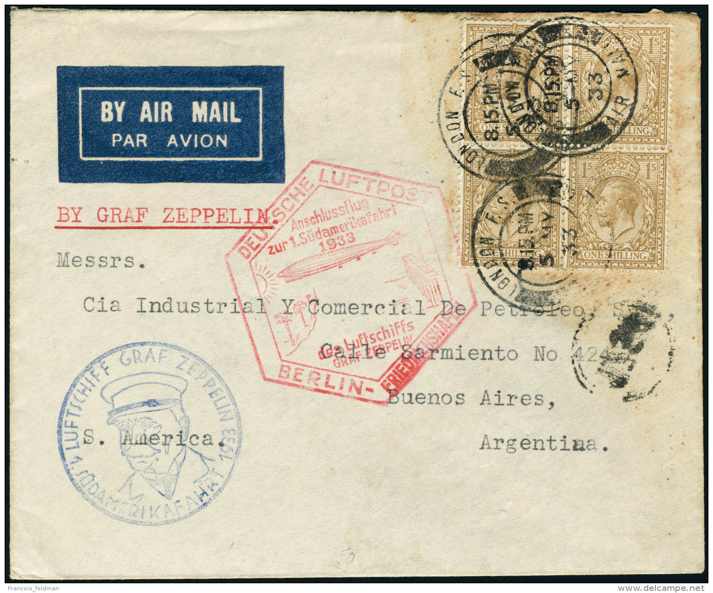Lettre Zeppelin. 1er SAF 1933. Lettre By Air Mail. C&agrave;D London 5 My 33. Cachet Illustr&eacute;... - Autres & Non Classés