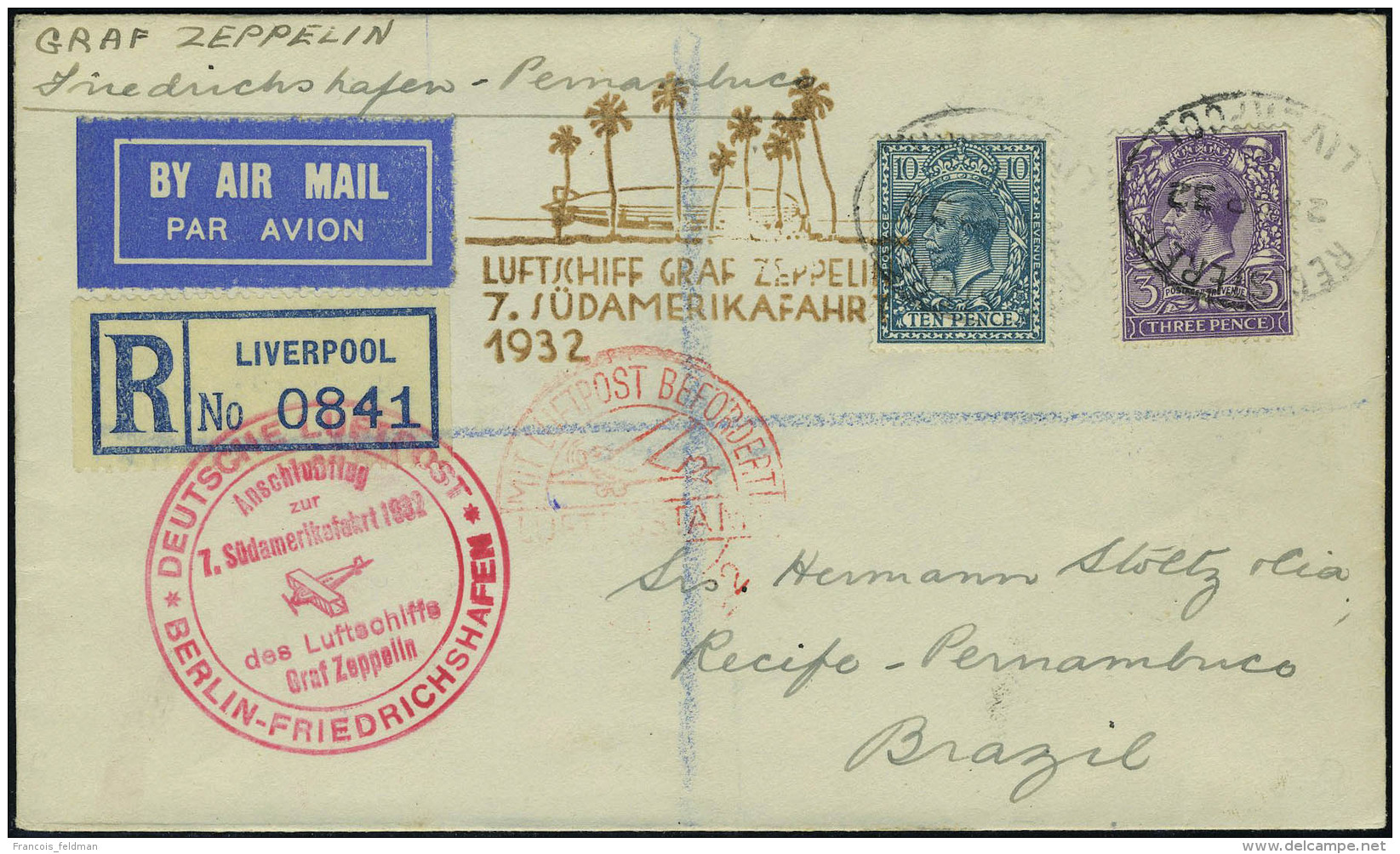 Lettre Zeppelin 7 SAF 1932 Pour R&eacute;cife Pernambuco, C&agrave;d De Transit Berlin 25.9.32, Arriv&eacute;e... - Autres & Non Classés