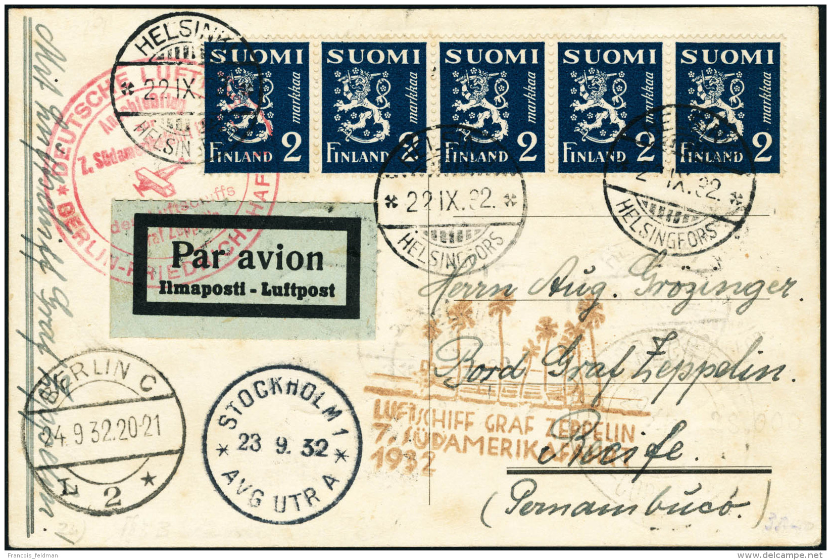 Lettre Zeppelin 7&egrave; SAF 1932. C.P. Non Illustr&eacute;e. C&agrave;D Helsinki 22.IX.32. C&agrave;D De Transit... - Autres & Non Classés