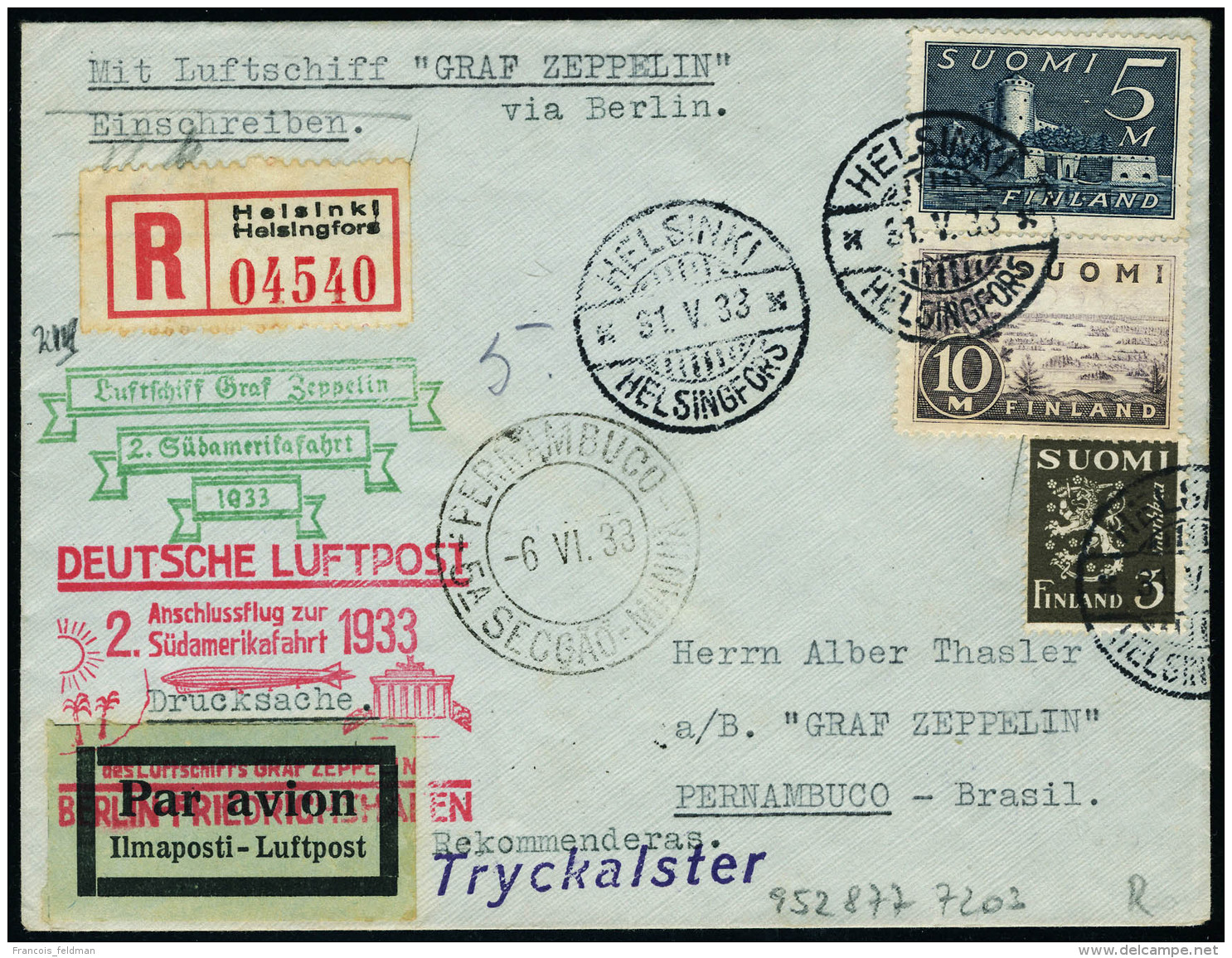 Lettre Zeppelin 2 SAF 1933. LR D'Helsinki 31.V.33 Pour Pernambuco Br&eacute;sil, Au Verso C&agrave;d De Transit... - Autres & Non Classés