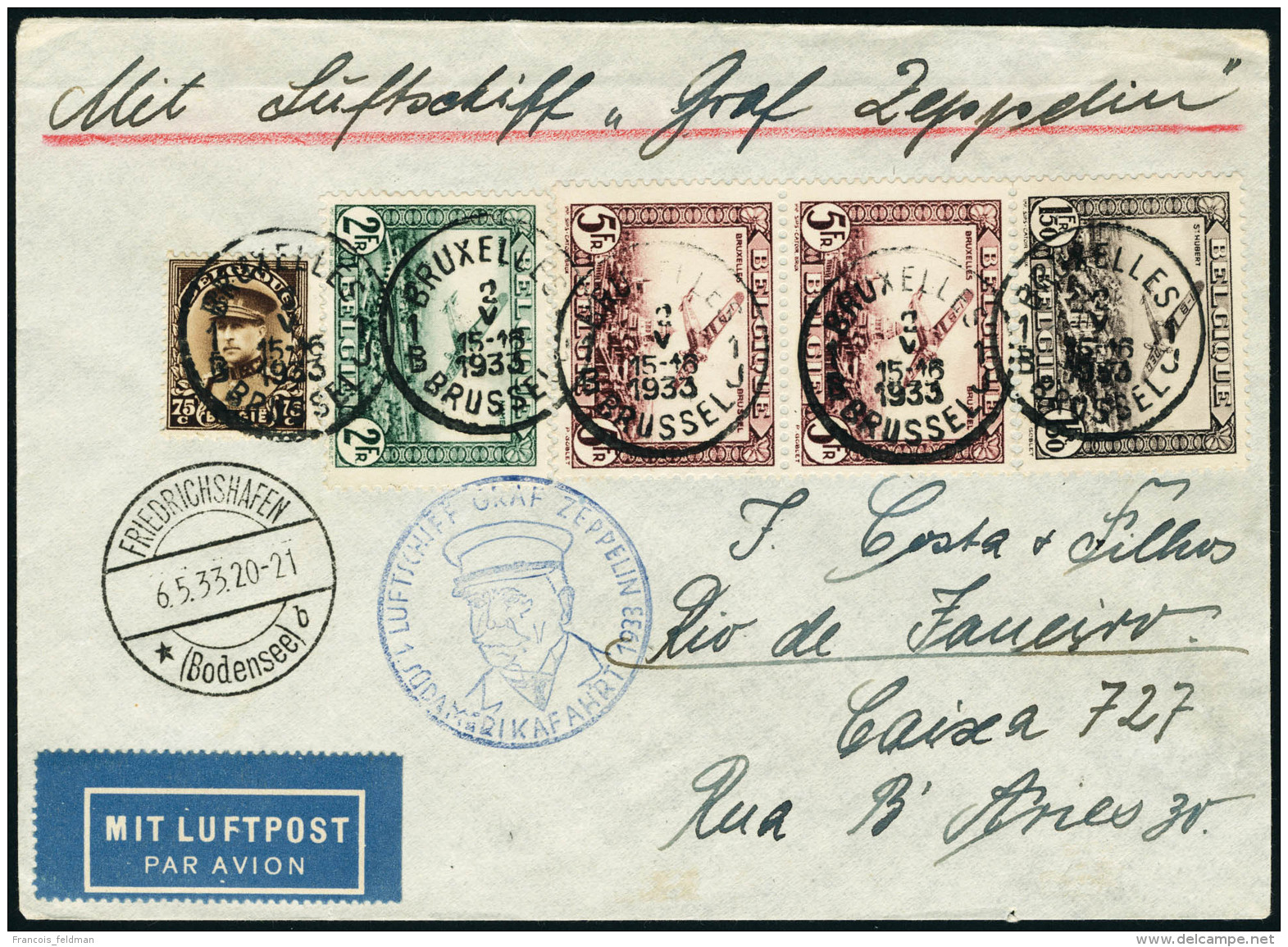 Lettre Zeppelin. 1er SAF 1933. C&agrave;D Bruxelles 2.V.1933. C&agrave;D De Transit Friedrichshafen 6.5.33, Pour... - Autres & Non Classés