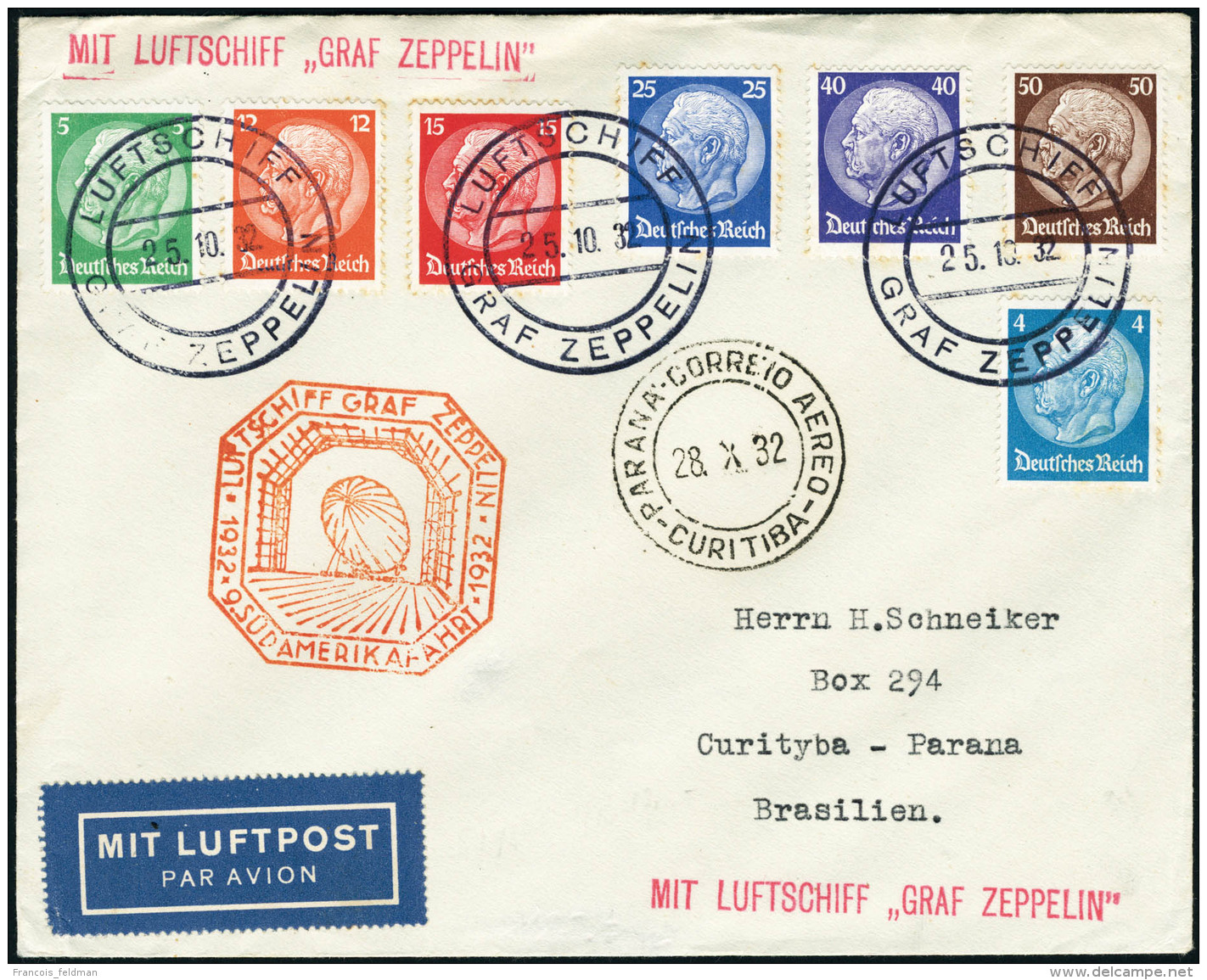 Lettre Zeppelin 9&egrave; SAF 1932. Lettre Avec C&agrave;D Luftschiff Graf Zeppelin 25.10.32, Pour Curityba-Parana.... - Autres & Non Classés