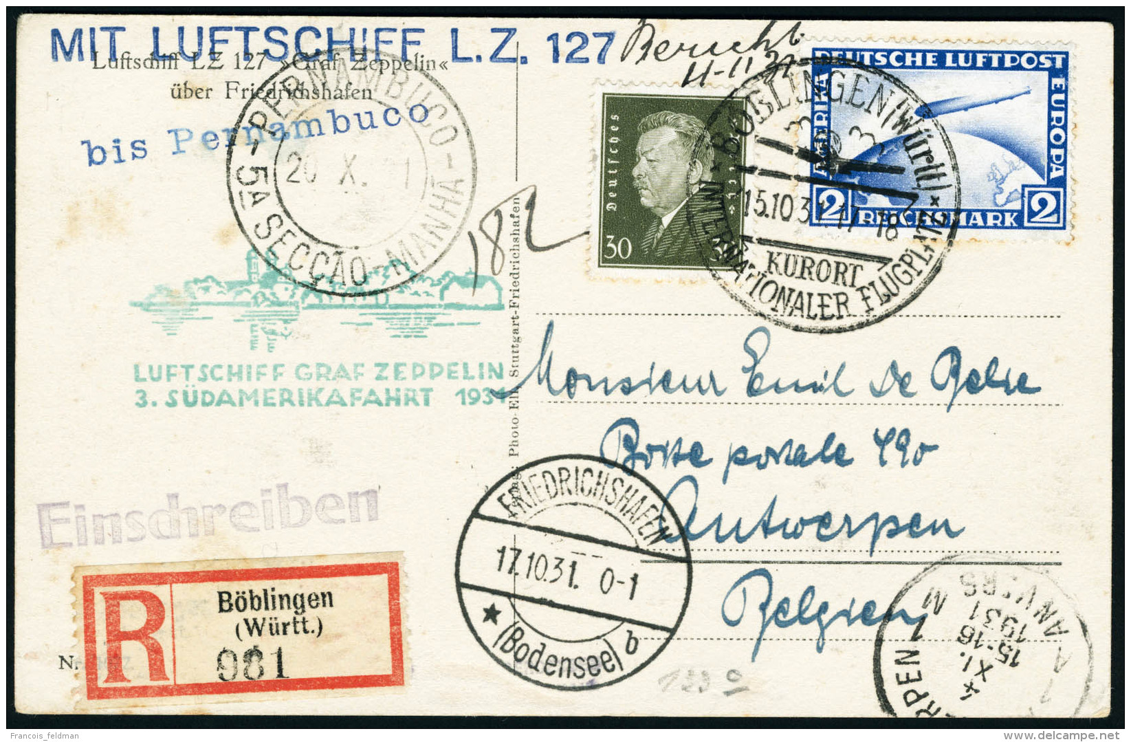 Lettre N&deg;36 + Timbre Poste N&deg;408 S/C.P. Illustr&eacute;e Zeppelin 3&egrave; SAF 1934. T.B. - Altri & Non Classificati