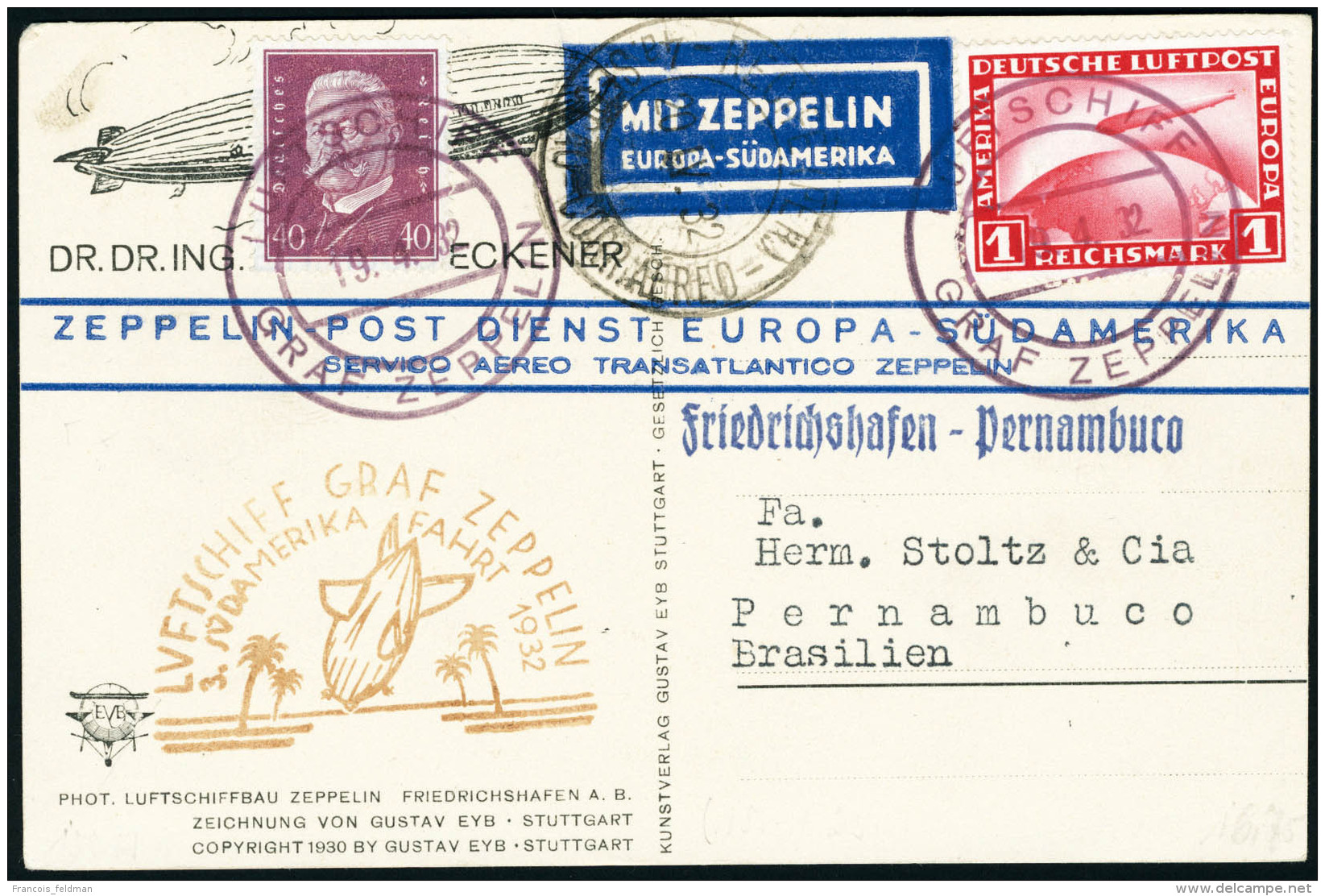 Lettre N&deg;35 + T.P. N&deg;409 Sur C.P. Zeppelin Illustr&eacute;e. 3&egrave; SAF 1932. C&agrave;D Luftschiff Graf... - Autres & Non Classés