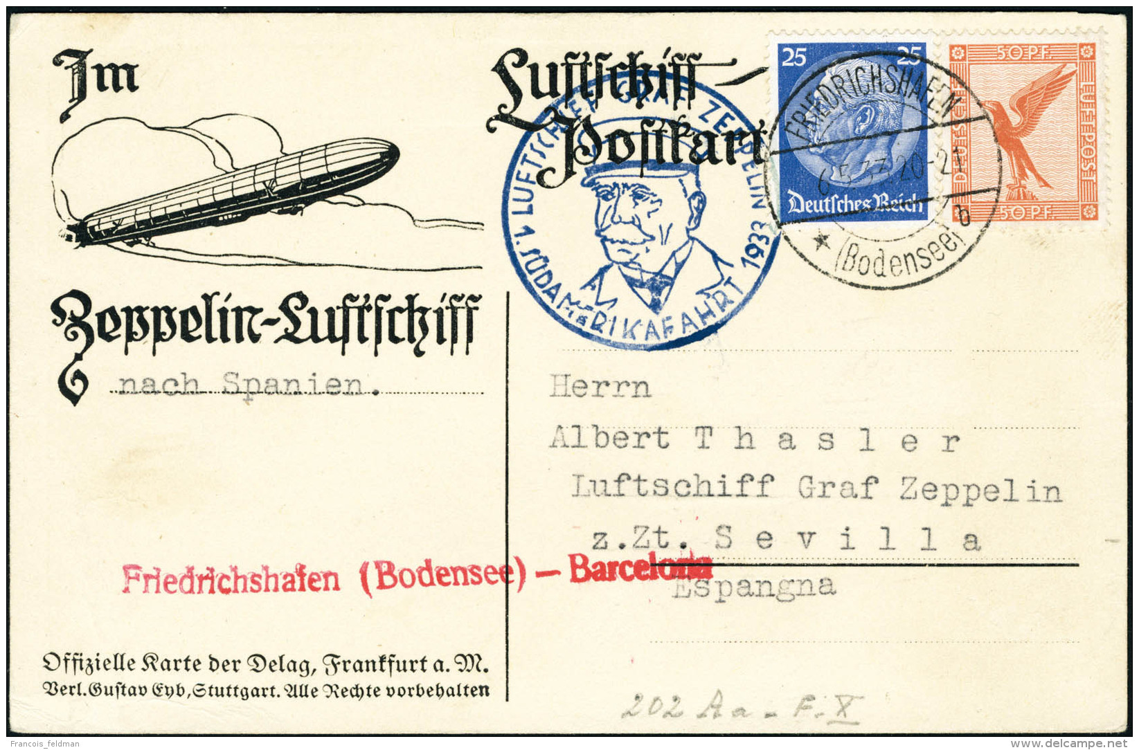 Lettre Zeppelin 1er SAF 1933. C.P. Illustr&eacute;e (Hambourg) Avec Repiquage Imprim&eacute; Zeppelin-Luftschiff...... - Autres & Non Classés