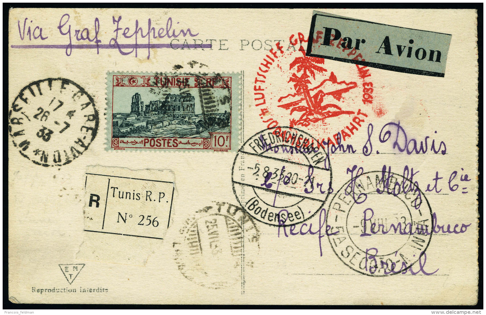 Lettre Zeppelin 4 SAF 1933, CP Rec. C&agrave;d Tunis 25 VII 33, C&agrave;d De Transit Marseille 26.7.33 Et... - Autres & Non Classés