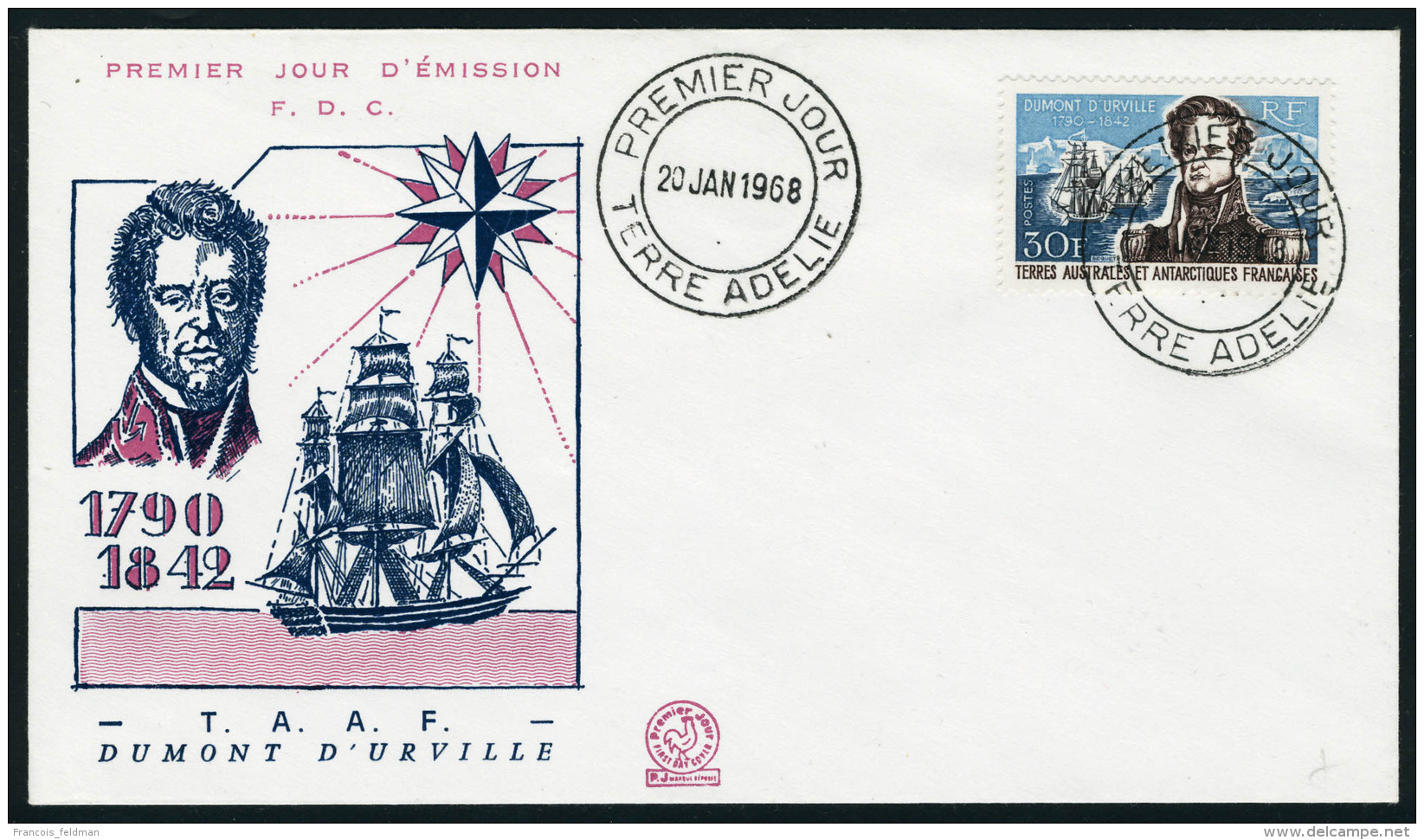 Lettre N&deg; 25, 30f Dumont D'Urville, C&agrave;d 1er Jour Terre D'Ad&eacute;lie 20 Janv 1968, Sur Enveloppe... - Autres & Non Classés