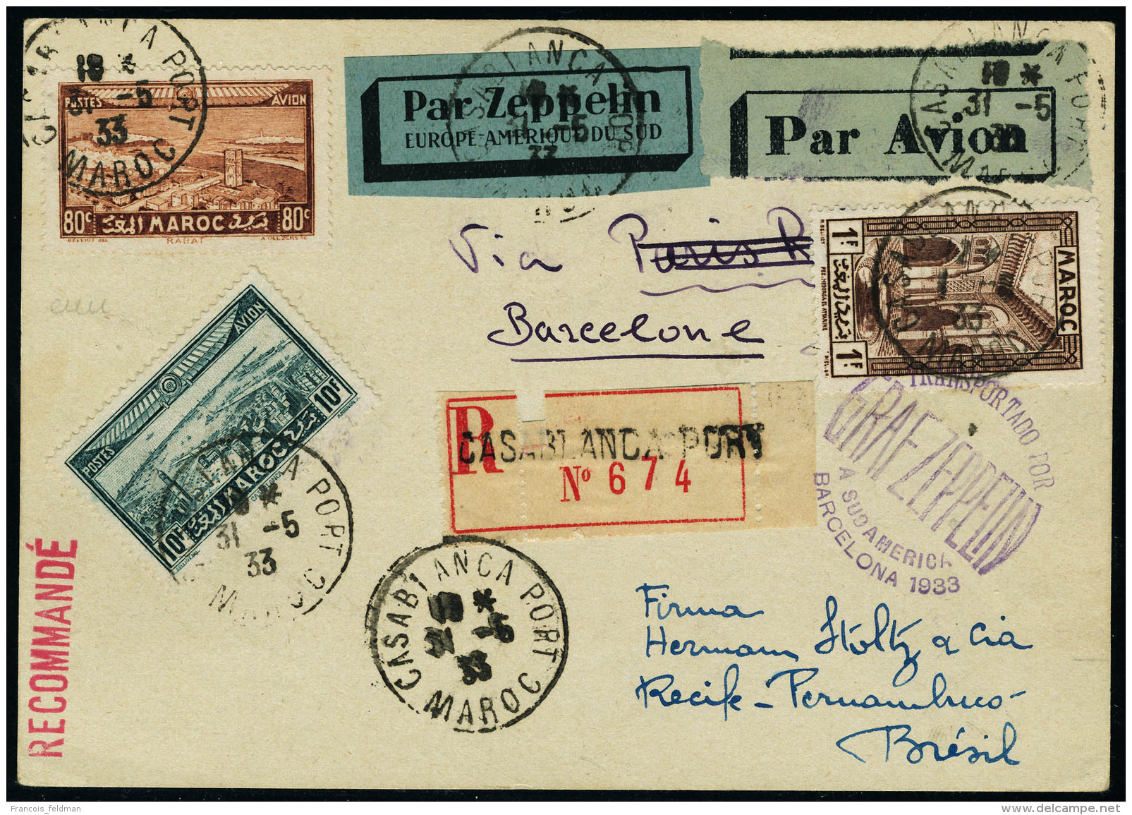 Lettre Zeppelin  A Sud America Barcelona 1933. CP Recommand&eacute;e De Casablanca 31.5.33 Pour Recife Pernambuco,... - Altri & Non Classificati