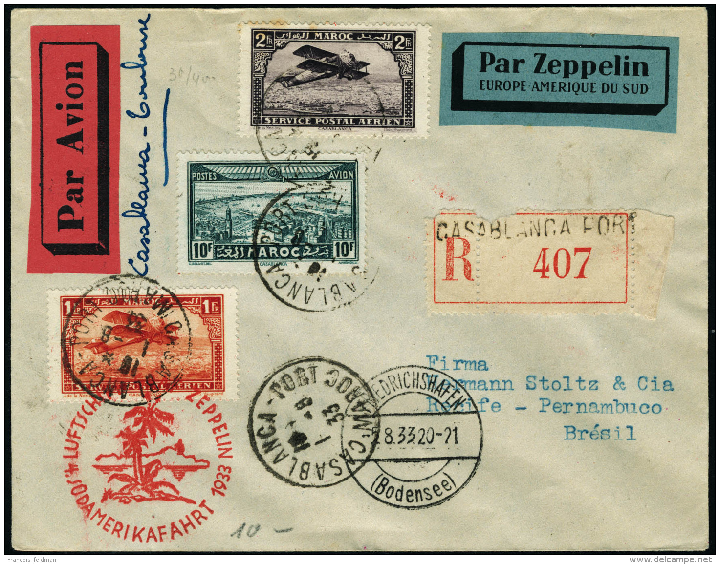 Lettre Zeppelin. 4&egrave;me SAF 1933. L.R. De Casablanca (1.8.33). C&agrave;D De Transit Friedrischshafen 5.8.33,... - Autres & Non Classés