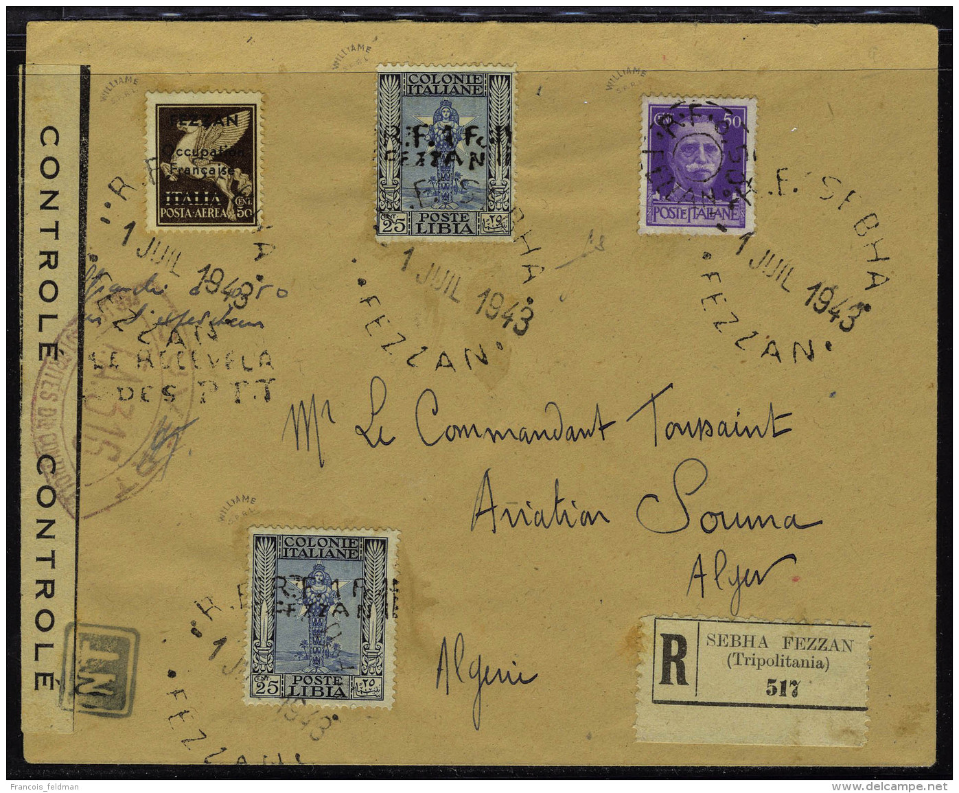 Lettre N&deg; 18, 19 X 2 +  PA N&deg; 1 Sur LR De Sebha 1 Juil 1943, Our Alger, Arriv&eacute;e Le 8.7.43, Bande Et... - Autres & Non Classés