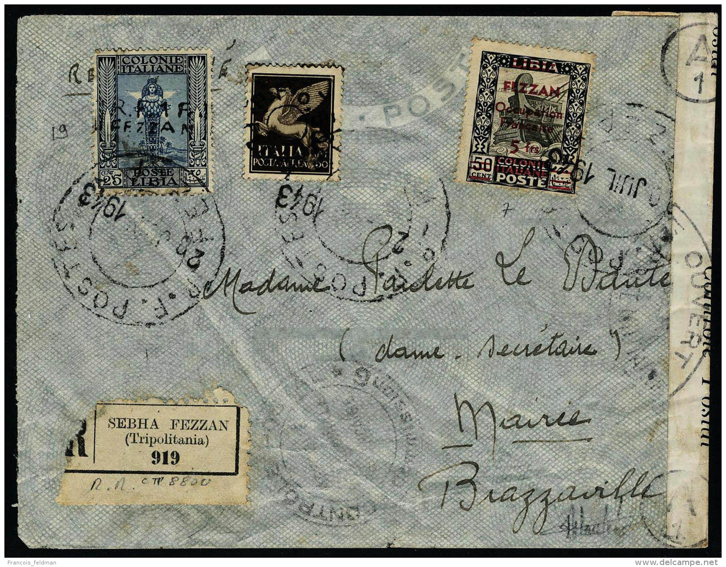 Lettre N&deg; 7 + 19 + PA N&deg; 3. Les 3 Valeurs Sur LR De Sebha 20 Juil 43, Pour Brazzaville, Cachet Et Bande De... - Autres & Non Classés