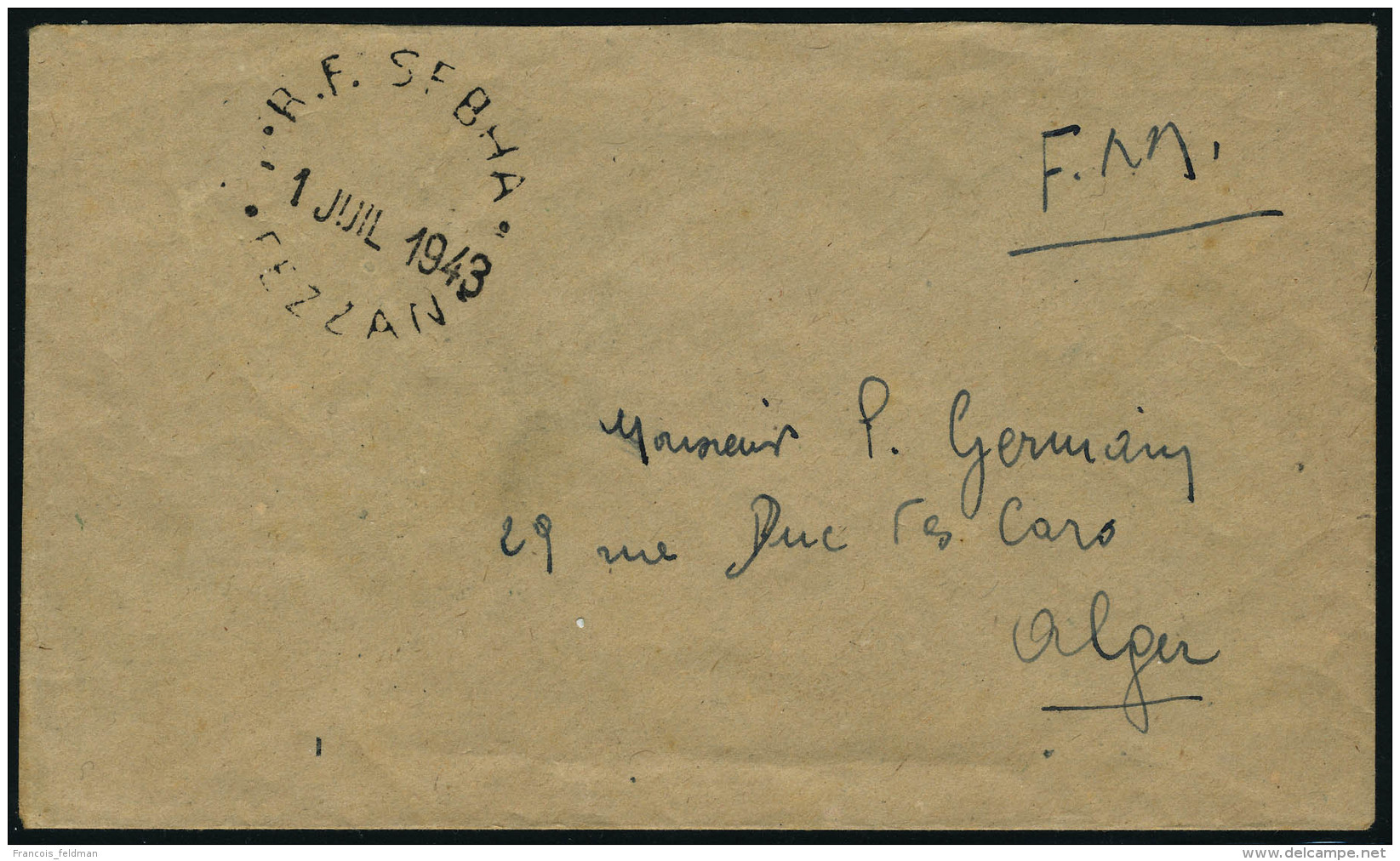 Lettre Lettre Avec C&agrave;d RF Sabha Fezzan - 1 Juil 1943, Mention FM, Pour Alger, T.B. - Autres & Non Classés