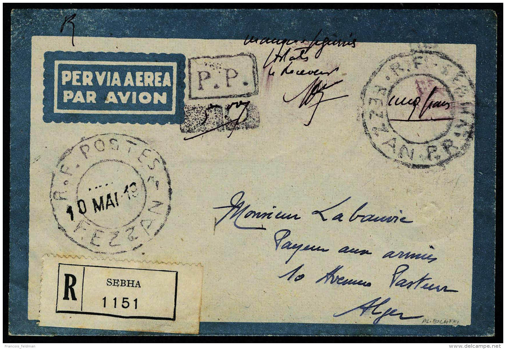Lettre LR De Sebha 10 Mai 1943, Mention Manuscrite Manque Figurines Postales. Le Receveur, Cachet PP Et C&agrave;d... - Autres & Non Classés