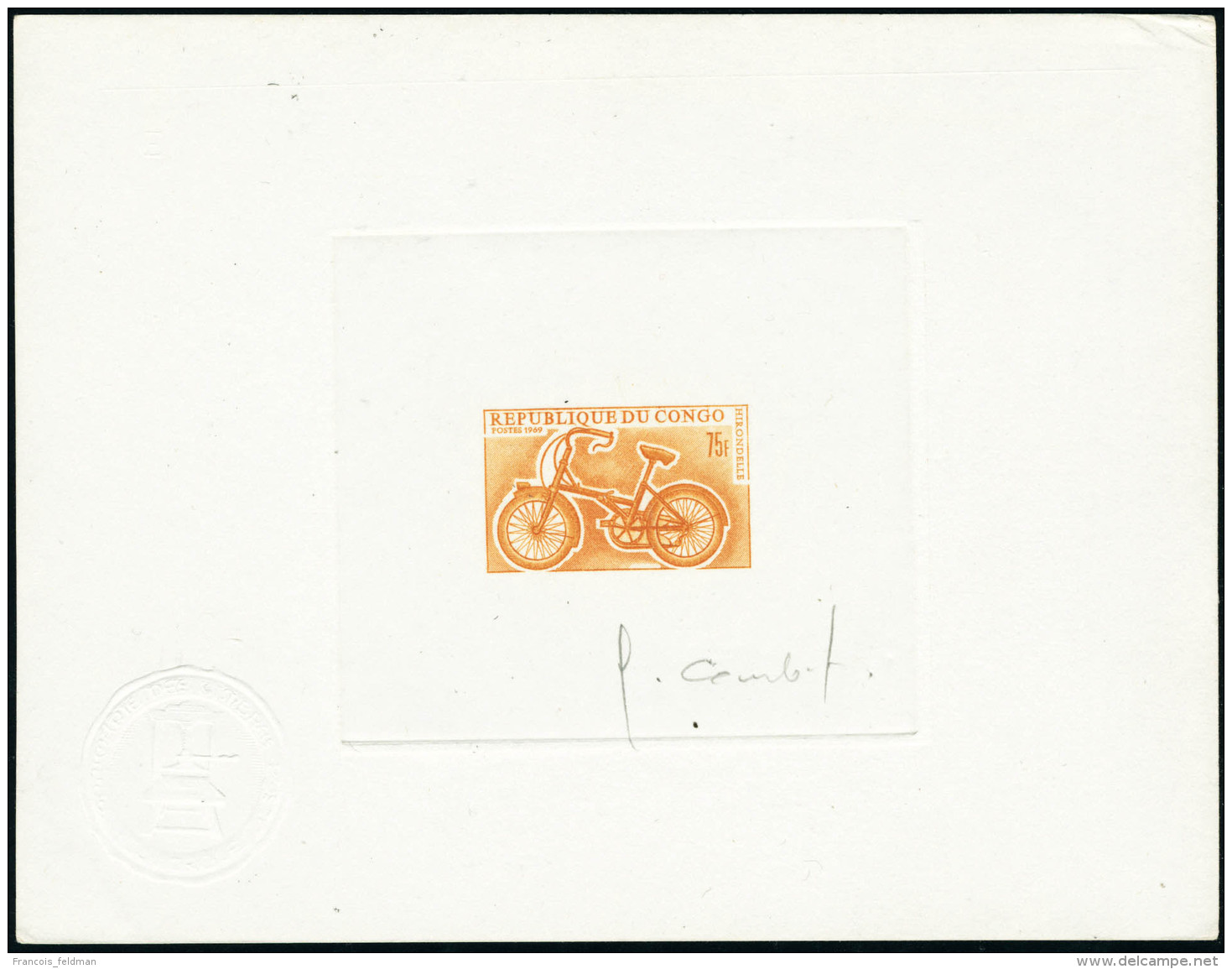 N&deg; 230. 75f Cycle Hirondelle - &eacute;preuve D'artiste En Orange, Sign&eacute;e Avec Cachet &agrave; Sec. T.B. - Autres & Non Classés