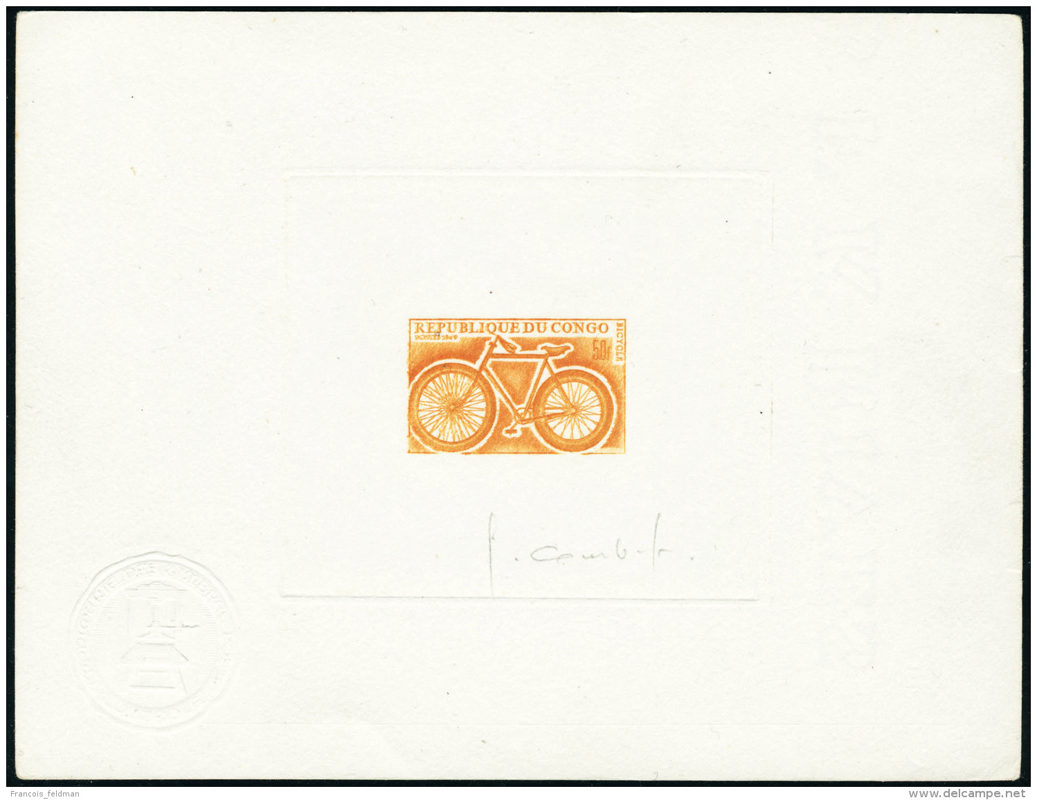 N&deg;229. 50f Bicycle. Epreuve D'artiste En Orange, Sign&eacute;e Avec Cachet &agrave; Sec. T.B. - Autres & Non Classés